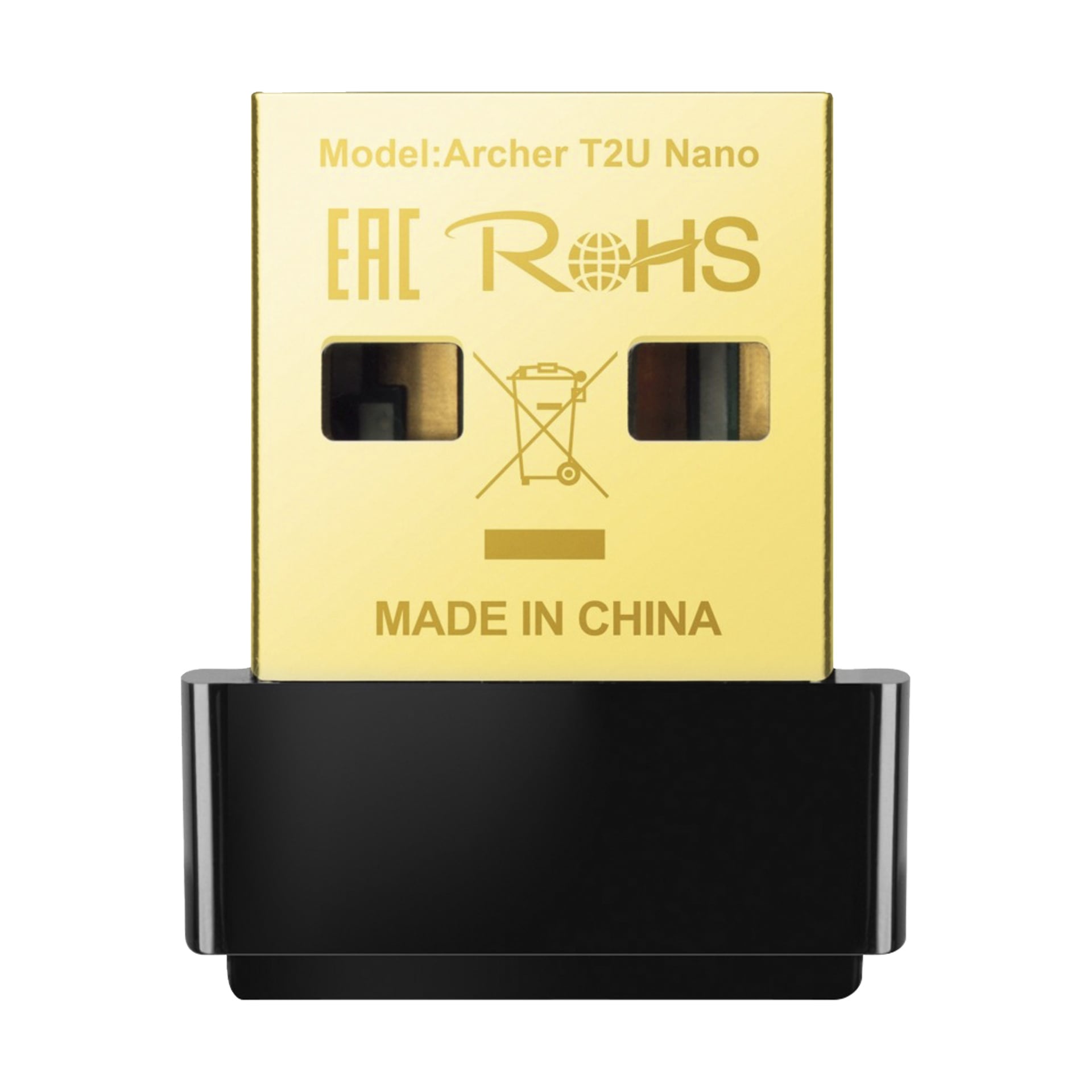 Närbild på en guld- och svart USB-enhet märkt Archer T2U Nano, med certifieringslogotyper, en soptunnesymbol och MADE IN CHINA.