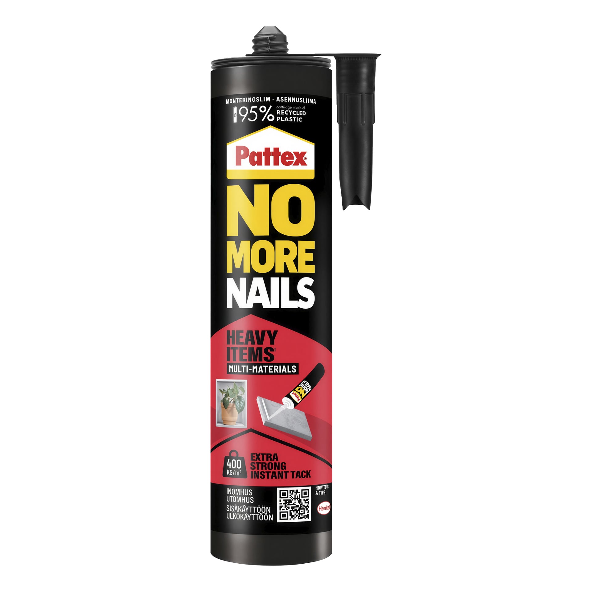 Pattex No More Nails High Tack limtub med svart munstycke, gul-röd etikett, främjar starkt omedelbart grepp för tunga material.