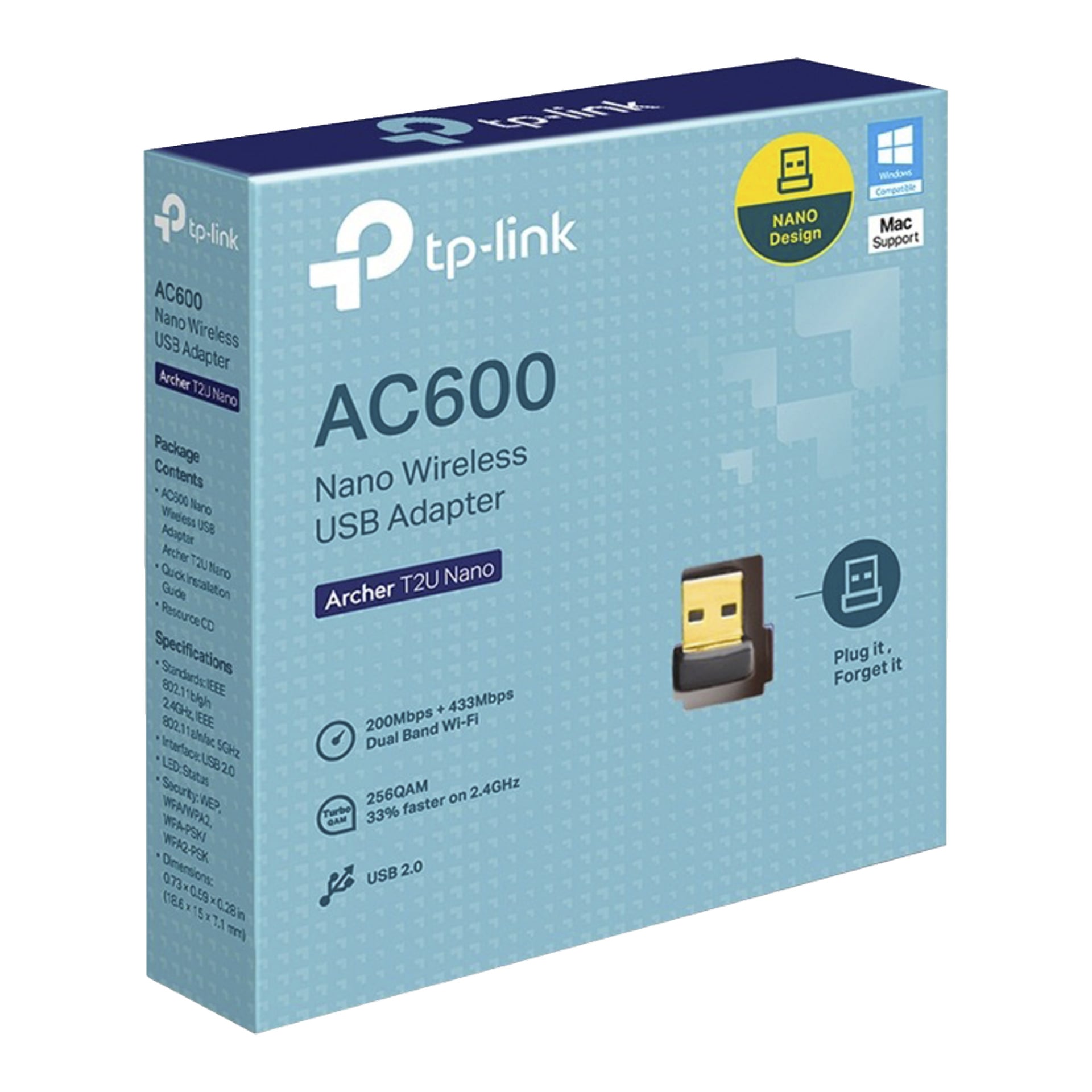 Den blå TP-Link AC600 Nano Wireless USB-adapterlådan visar dess kompakta storlek, dual band Wi-Fi, USB 2.0 och Mac-stöd.