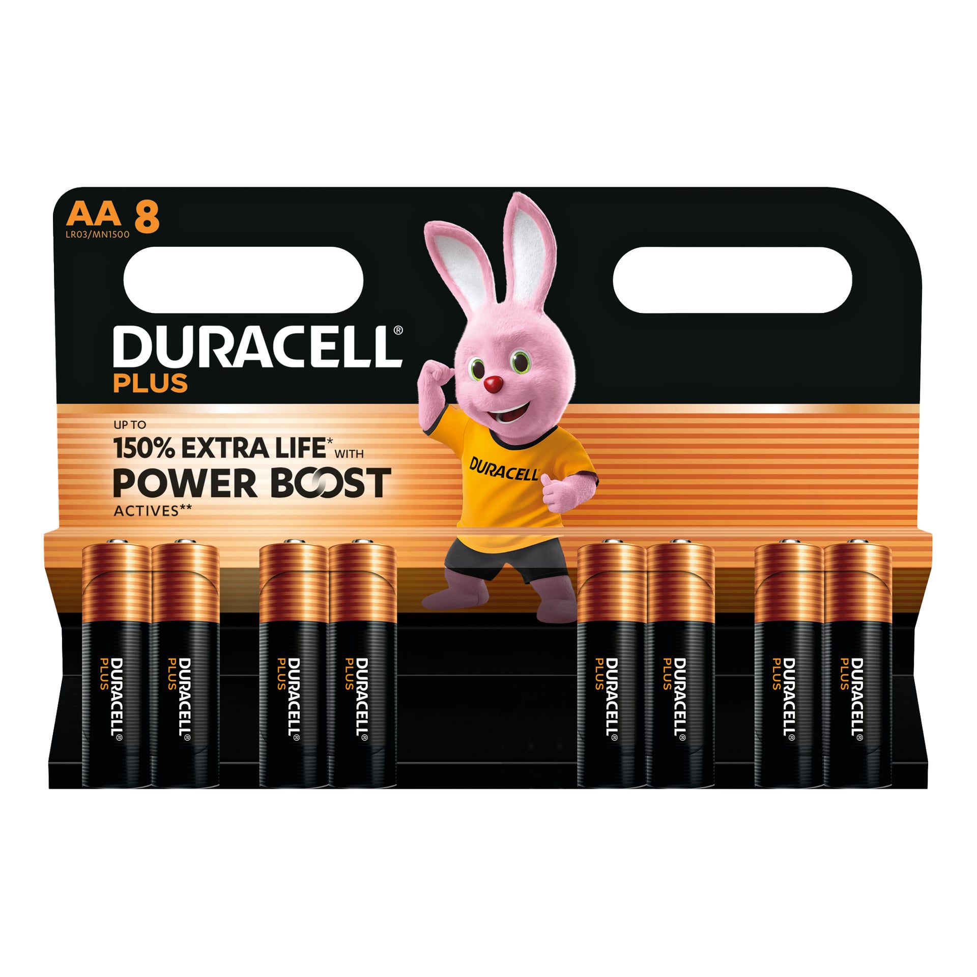Åtta Duracell Plus AA-batterier i ett paket med en rosa kaninmaskot i gult och text som påstår upp till 150% extra livskraft Power Boost.