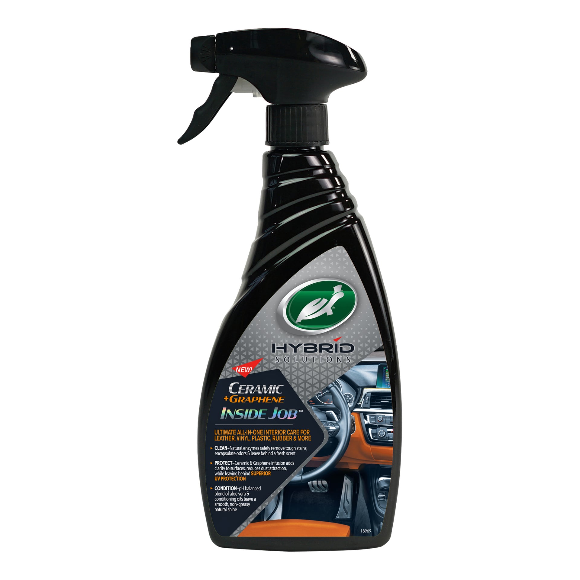 En svart sprayflaske med Hybrid Solutions Ceramic + Graphene Inside Job bilinteriørrens, etiketten viser dashbord og interiørbilde.