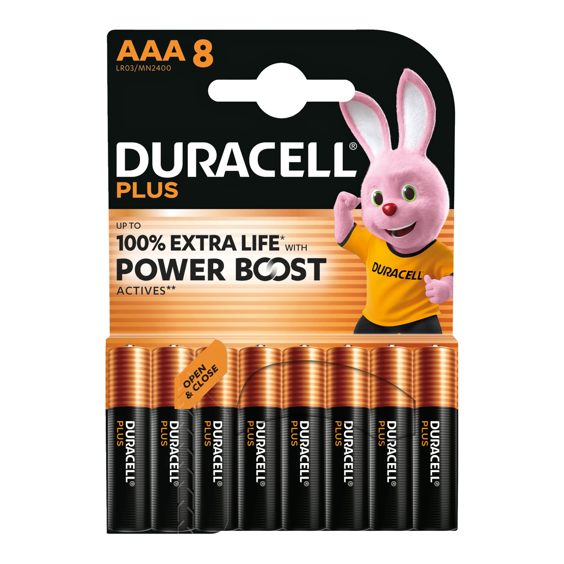 Pakke med 8 AAA Duracell Plus-batterier i svart og oransje emballasje, med en rosa kaninmaskot og påstander om opptil 100 % ekstra levetid.