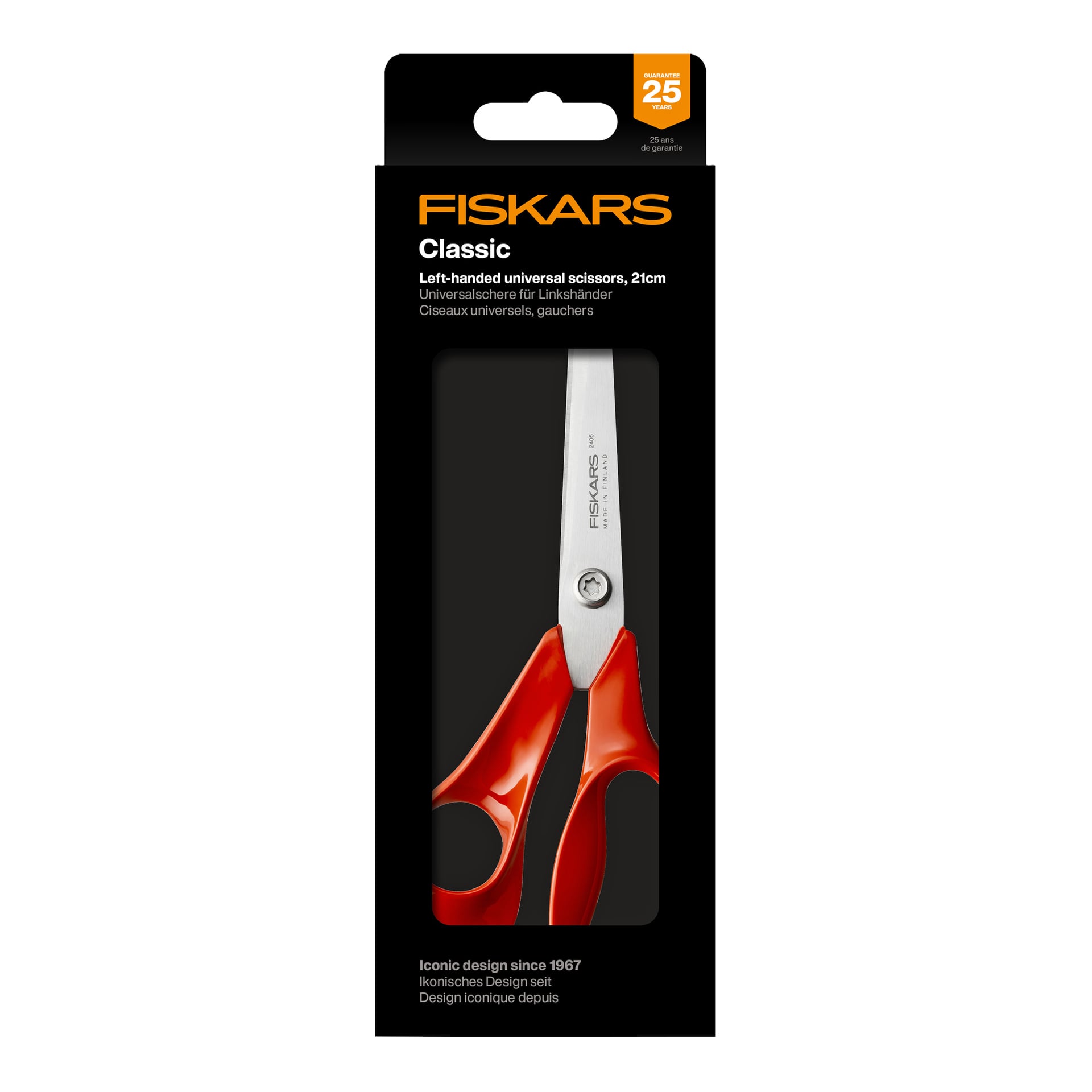 Ett Fiskars Classic vänsterhänt universalsaxpaket, 21 cm, röda handtag, i svart förpackning med 25-års garantimärke.