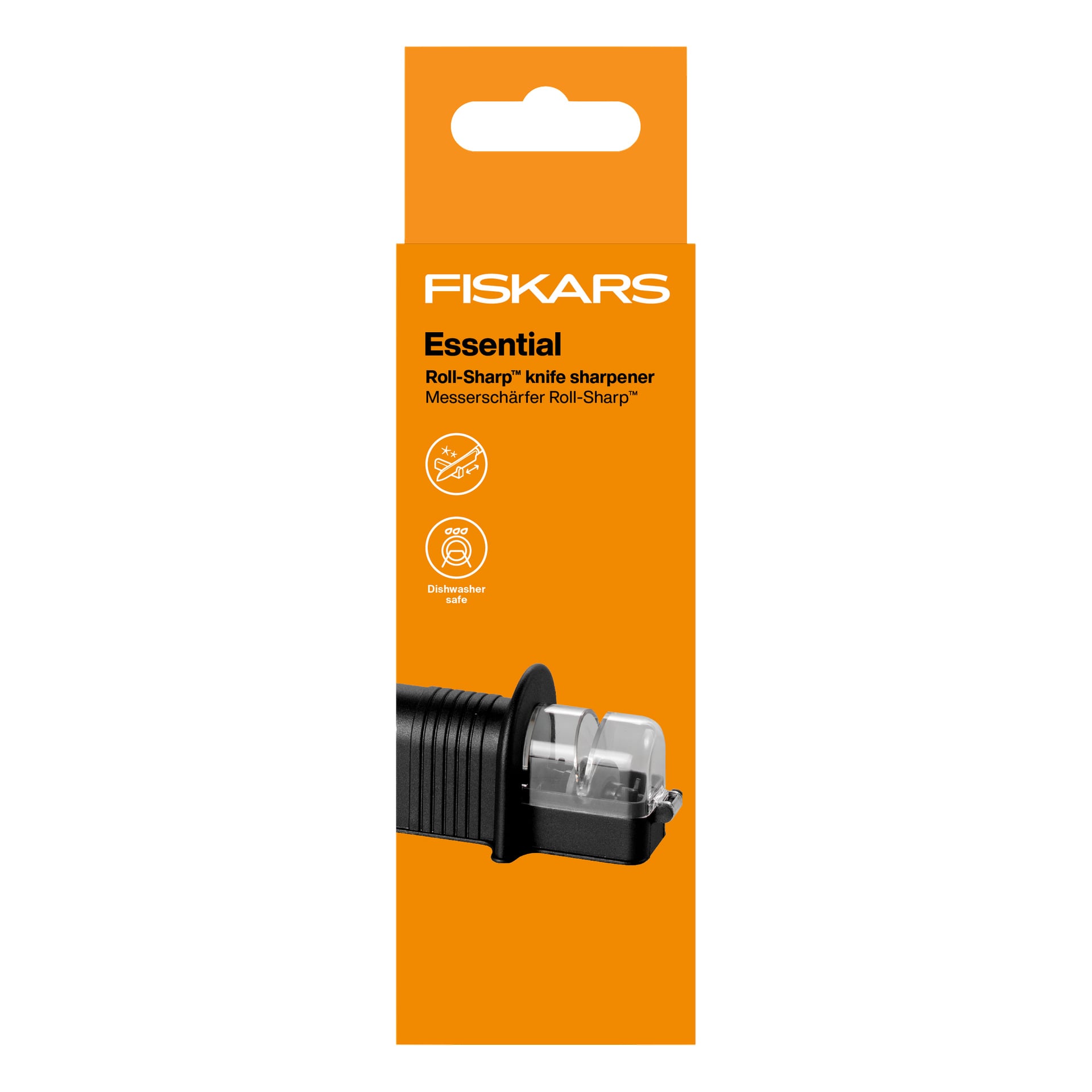 Orange Fiskars Essential Roll-Sharp-låda med en svart och klar knivslipare och ikoner som visar att den är diskmaskinsbeständig.