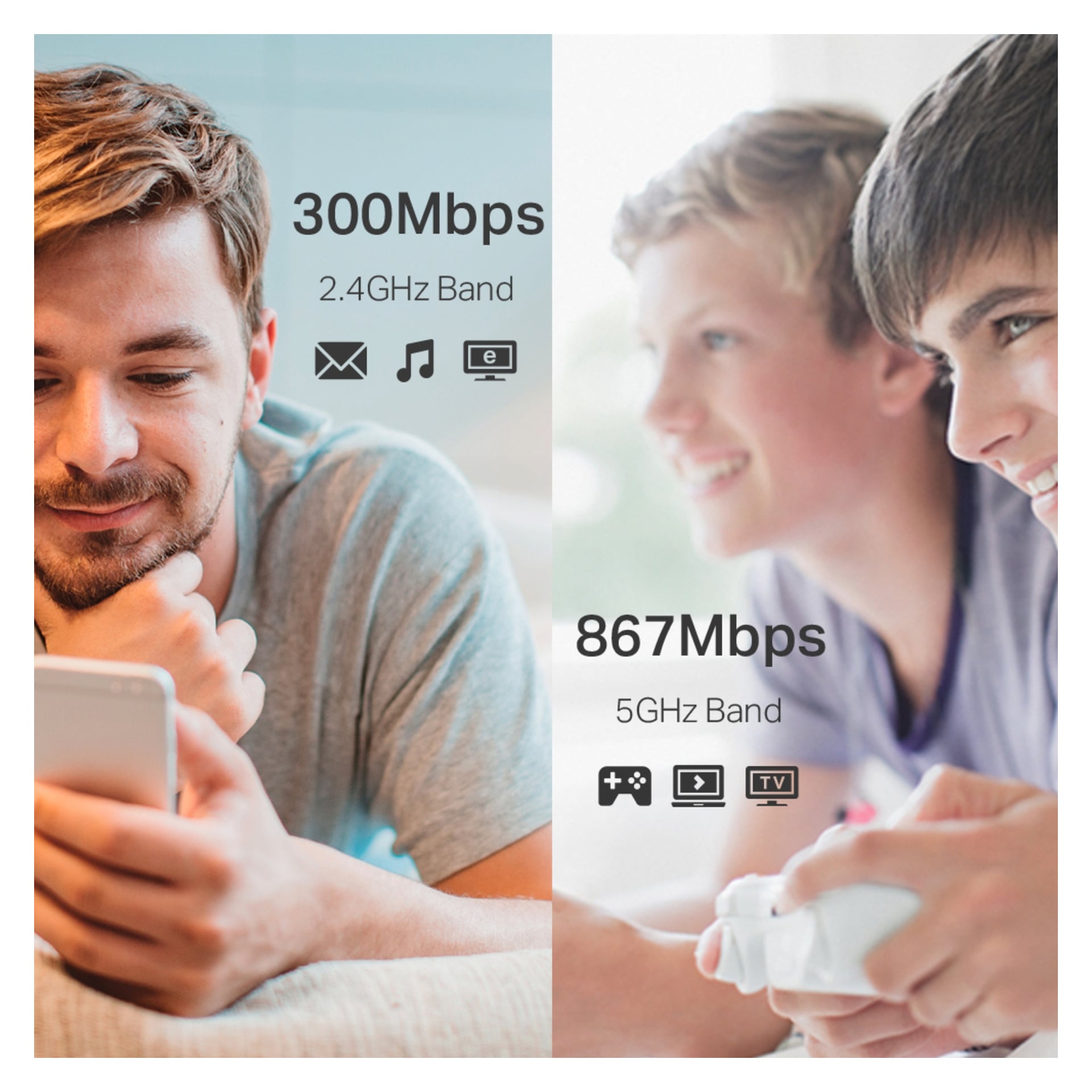 Vänster: Två personer använder en telefon (300 Mbps, 2,4 GHz, e-post/musik). Höger: Två spelar spel (867 Mbps, 5 GHz, spel-/TV-ikoner).