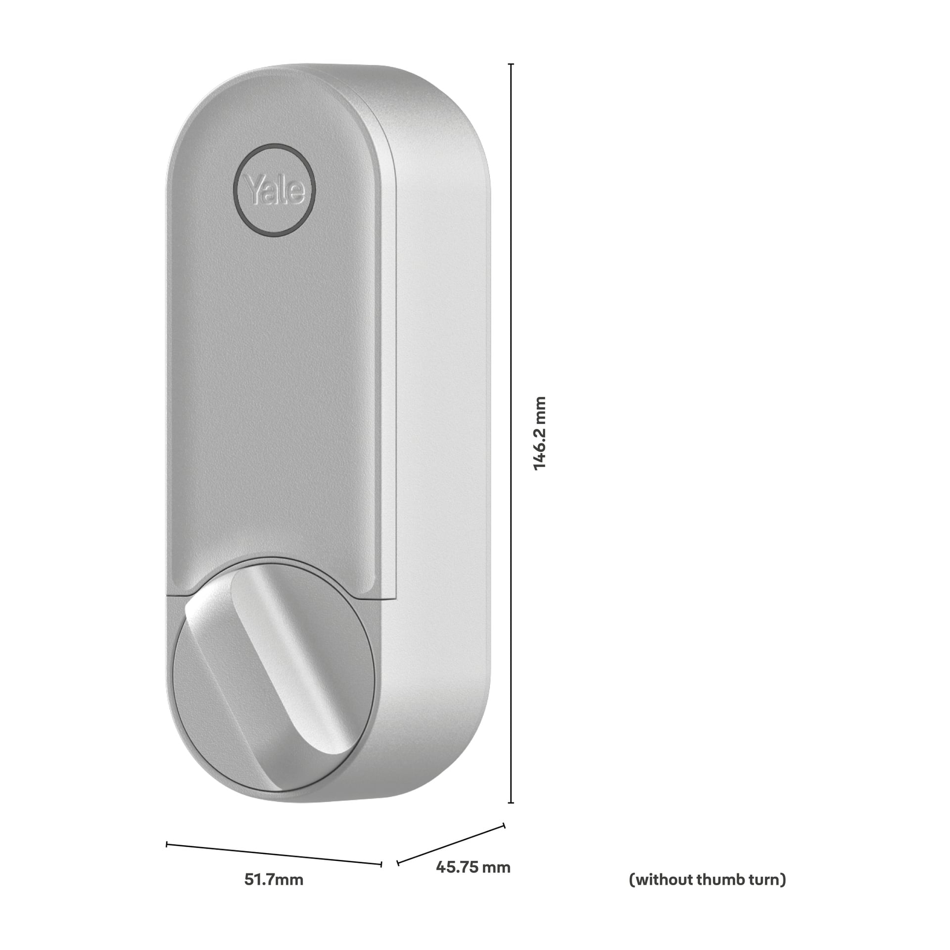 En sølvfarget Yale smartlås med en rund skive i bunnen; Størrelse: 146,2 mm høyde, 45,75 mm bredde, 51,7 mm dybde (ingen tommelvending).