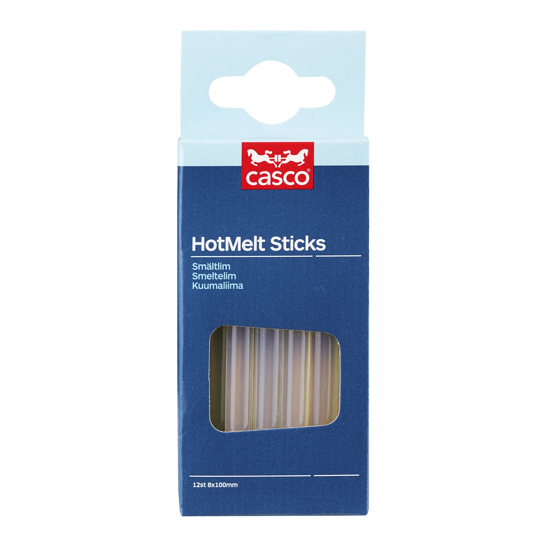 En blå eske merket casco HotMelt Sticks, med et vindu som avslørte limstifter. Esken oppgir 12 pinner, 8x100 mm hver.