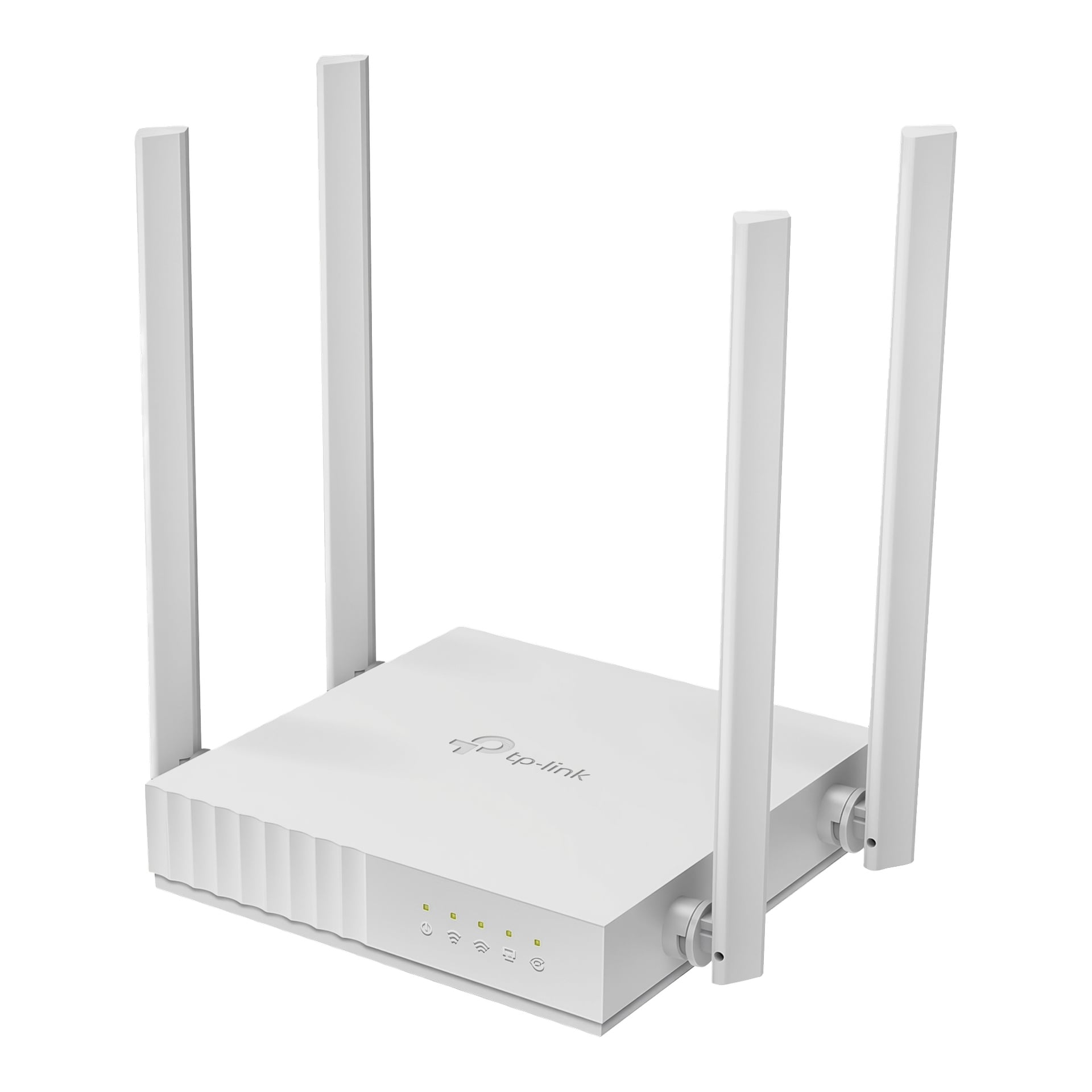 En TP-Link trådlös router med vit kropp, fyra externa antenner som står upprätt och indikatorlampor på frontpanelen.