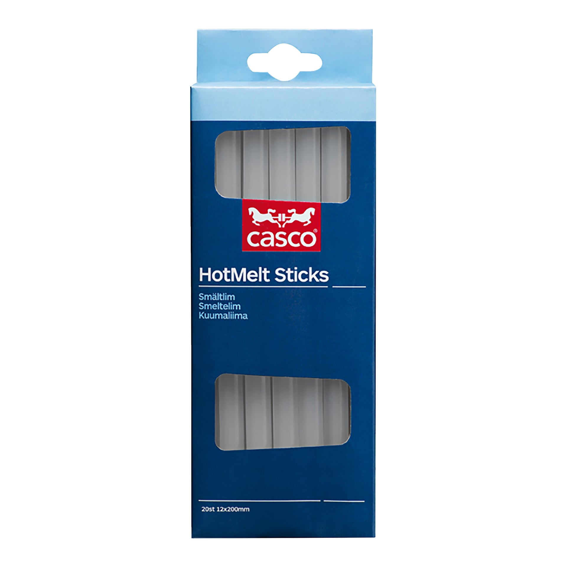 Blå Casco HotMelt Sticks-eske med rød og hvit logo, som viser klare limstifter. Etiketten noterer 20 pinner, størrelse 12x200 mm.