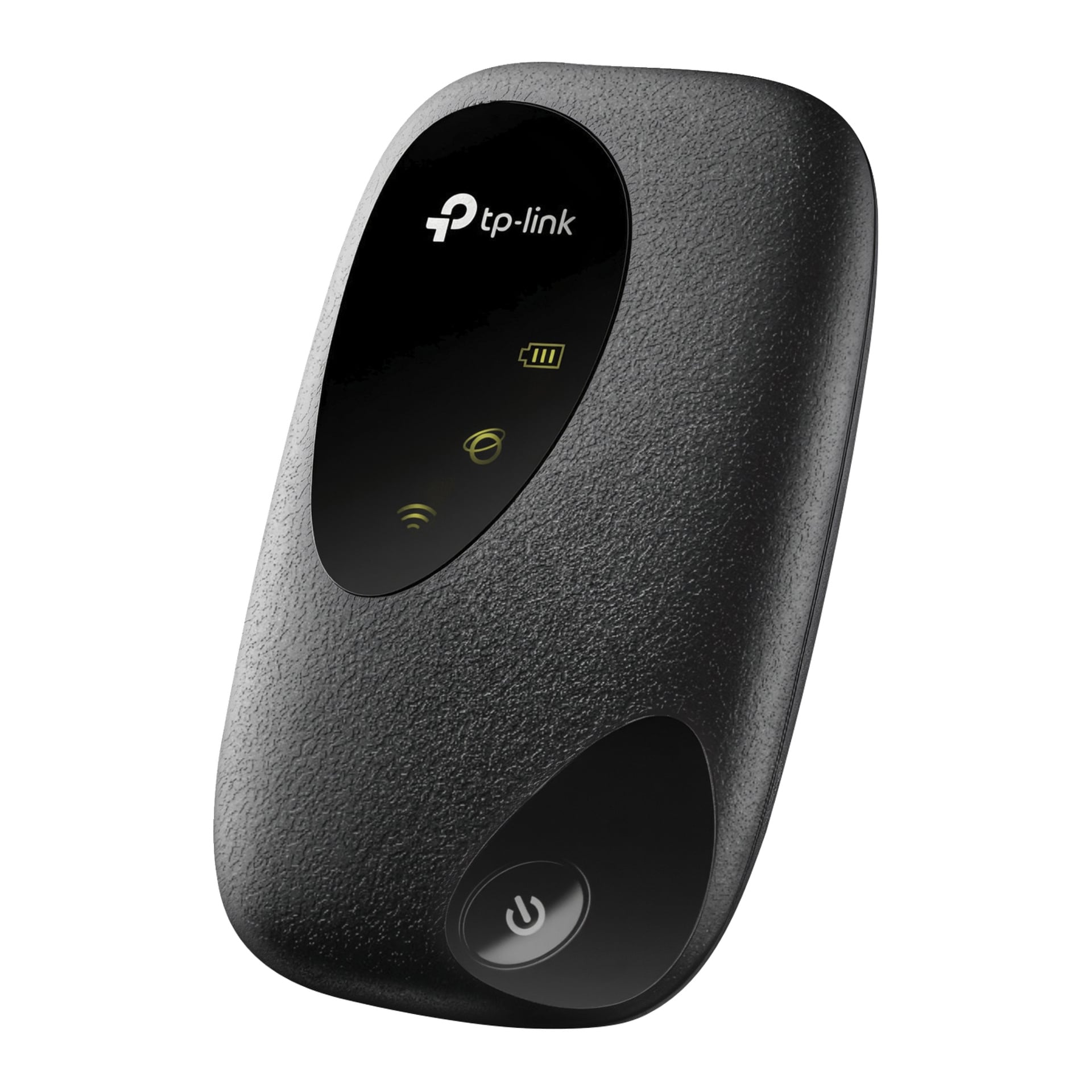 Svart TP-Link mobil Wi-Fi-hotspot med LED-indikatorer för batteri, Wi-Fi och signal, plus en strömknapp i nedre hörnet.