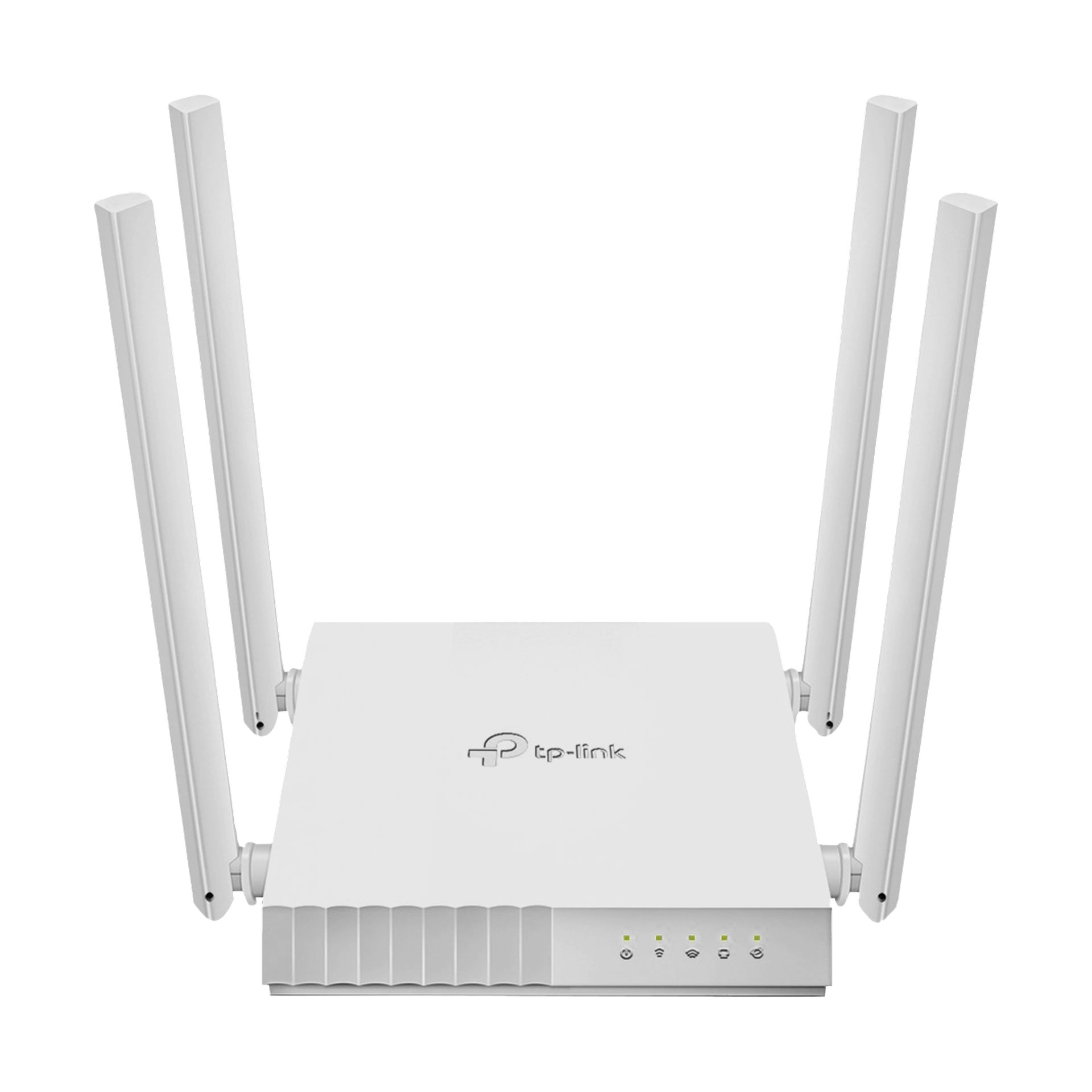 En vit TP-Link trådlös router med fyra vertikala antenner och frontbelysning.
