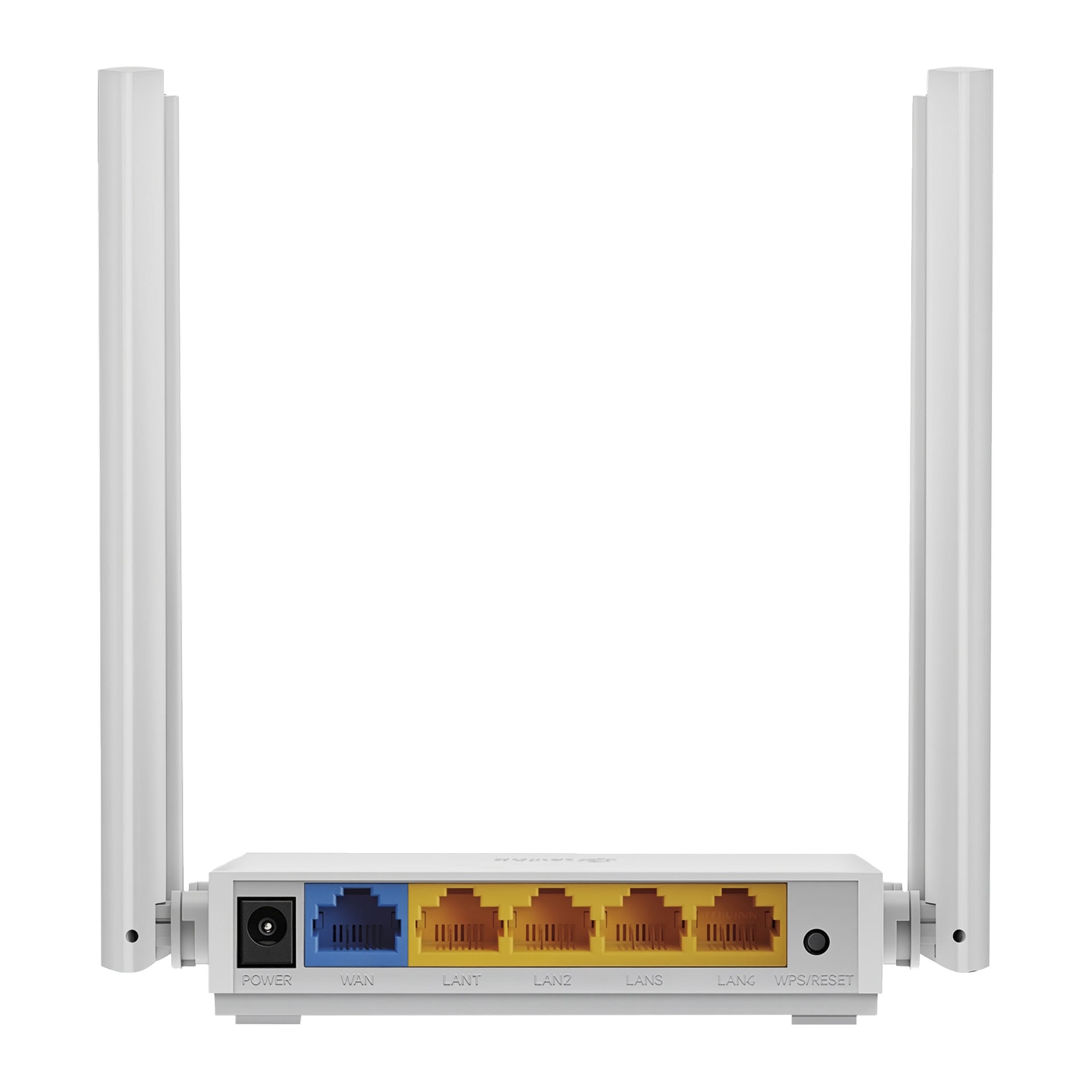 Bakifrån en vit trådlös router med två antenner, fem märkta portar (Ström, WAN i blått, fyra gult LAN) och WPS/Reset-knapp.