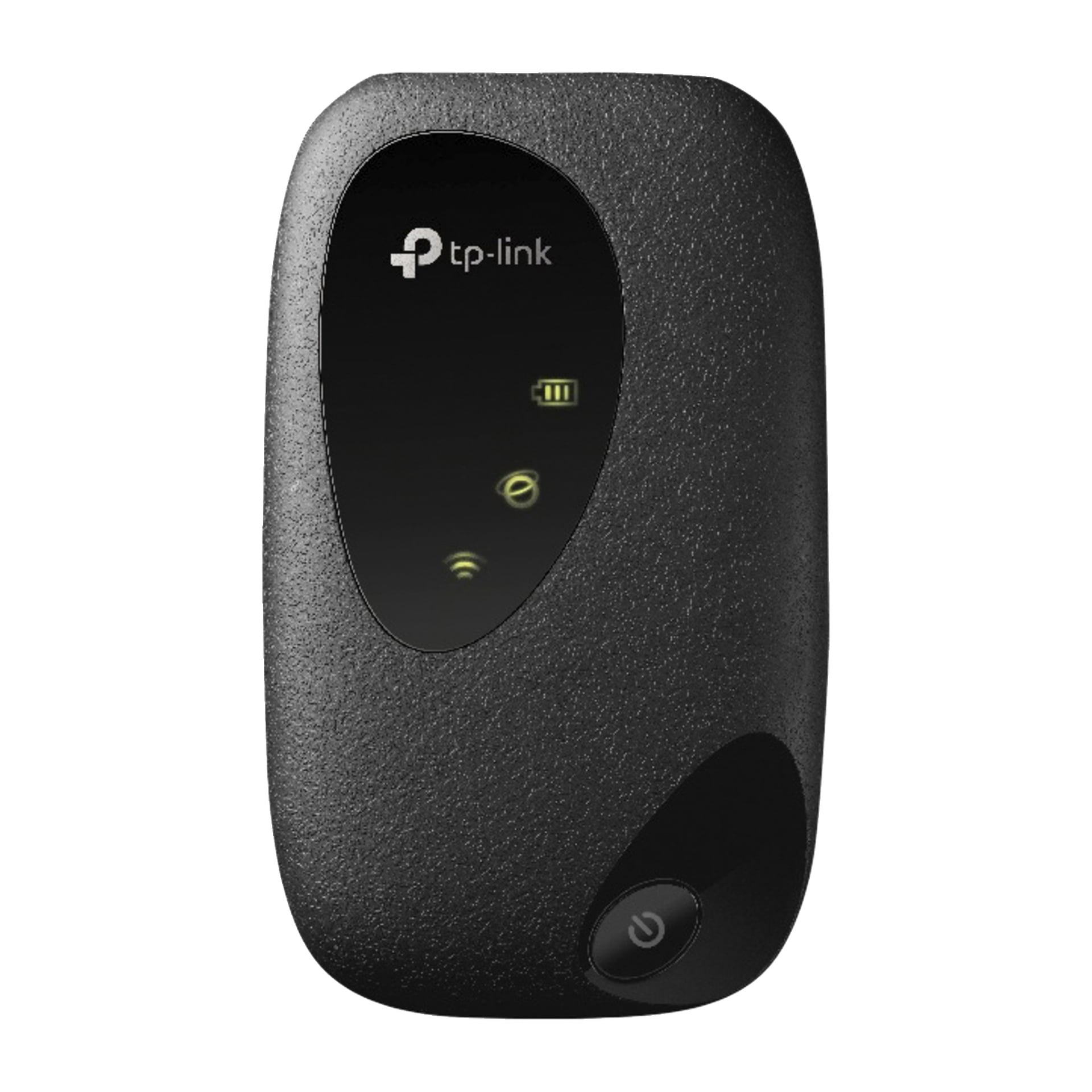 En svart TP-Link portabel Wi-Fi-hotspot med en blank skärm som visar batteri-, nätverks- och Wi-Fi-ikoner, plus en strömknapp.