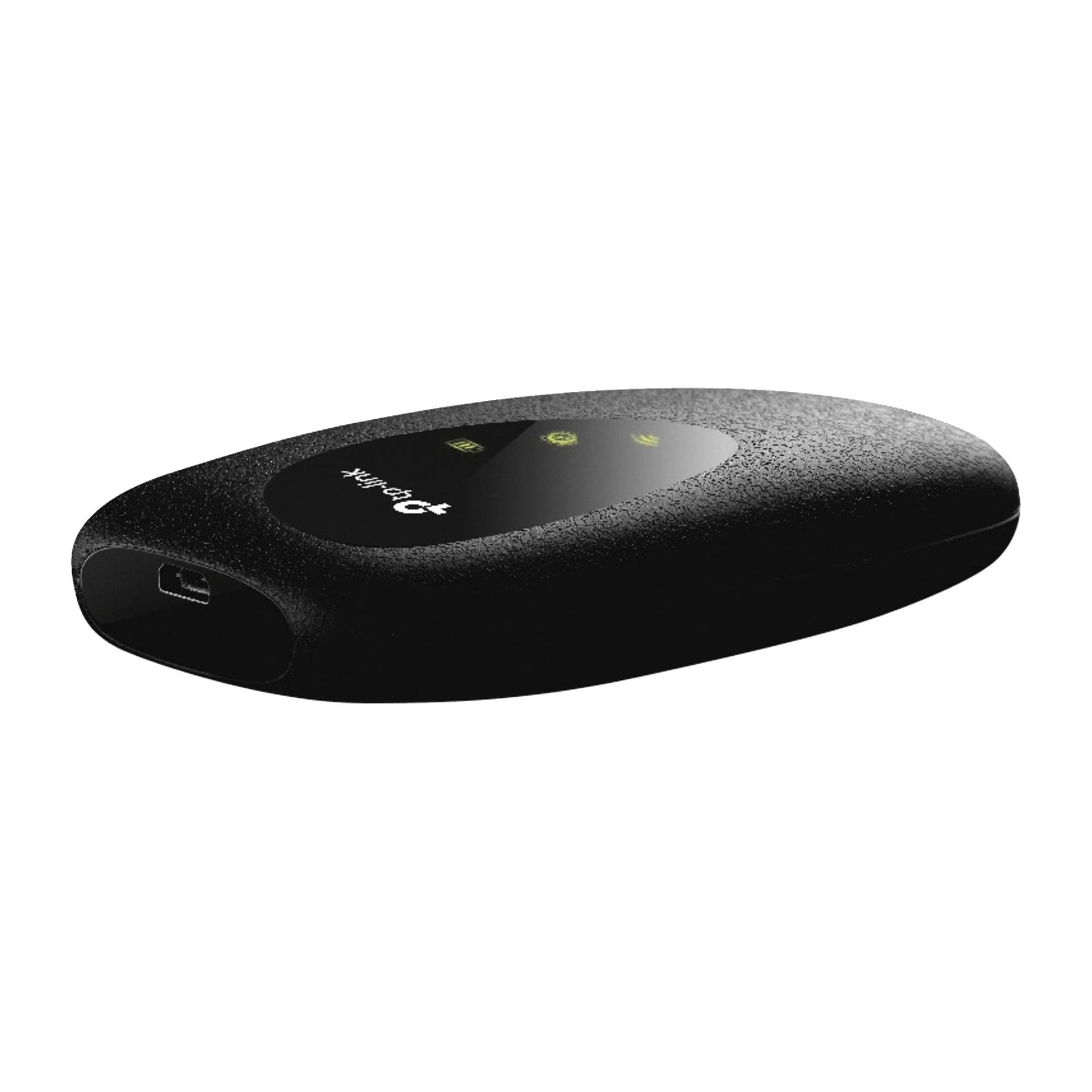 En kompakt svart TP-Link trådlös hotspot med LED-indikatorer och en mikro-USB-port för laddning.