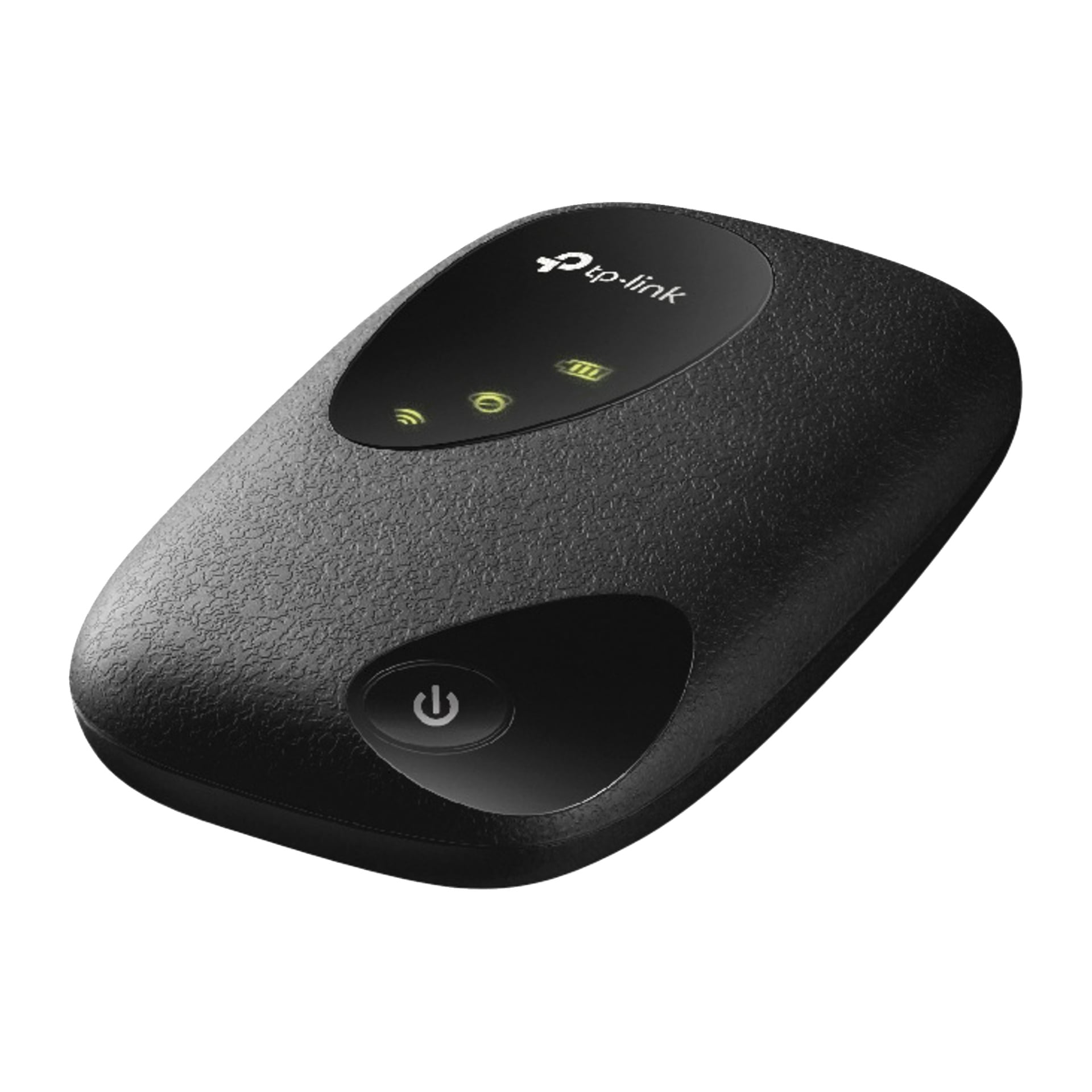 En svart TP-Link portabel Wi-Fi-hotspot med texturerad yta, strömbrytare framåt och signal- samt batteriindikatorlampor.