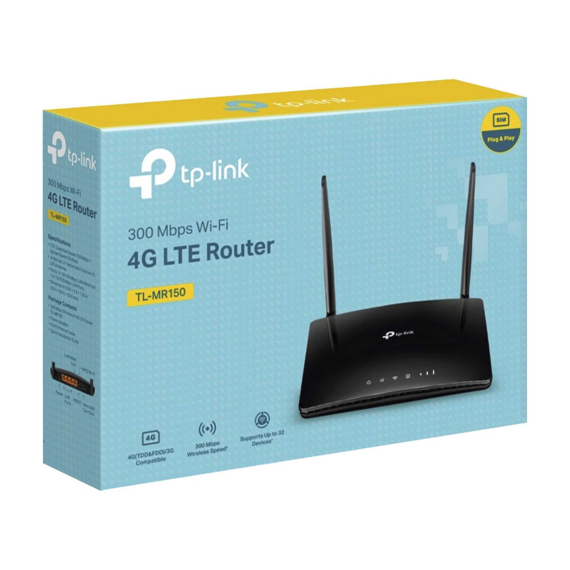En blå TP-Link 4G LTE Wi-Fi-ruter med to antenner vises i esken, med støtte for TL-MR150-modellen og SIM-kort.