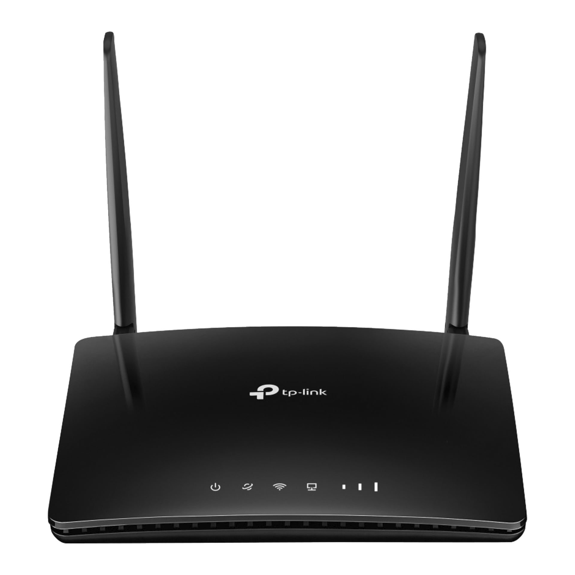 En svart TP-Link trådløs ruter med to vertikale antenner, LED-indikatorer foran og en logo på toppen.
