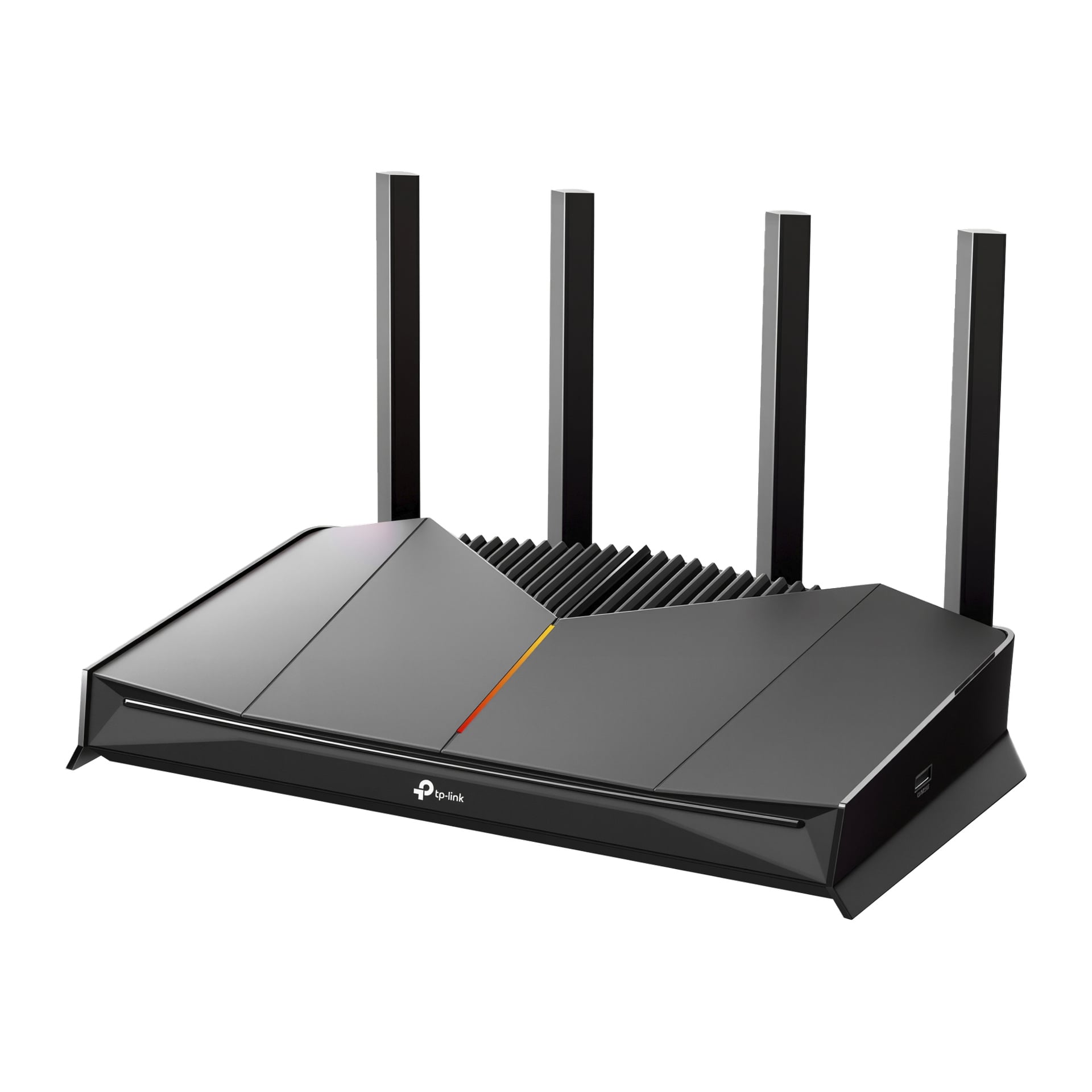 En svart TP-Link Wi-Fi-router med fyra upprättstående antenner, en slank kantig form och frontindikatorlampor.