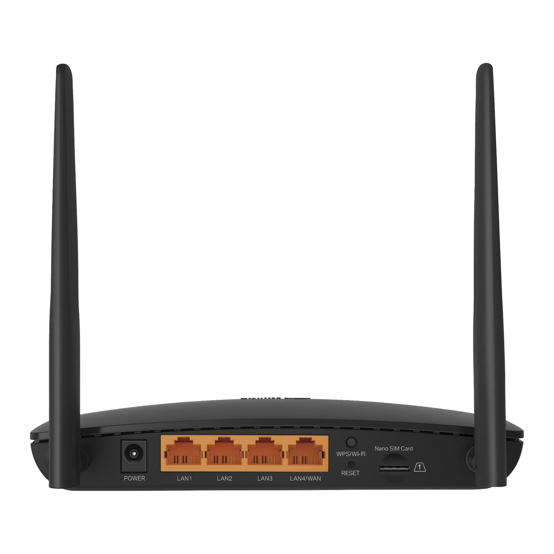 Bakside av en svart trådløs ruter med to antenner, fire oransje Ethernet-porter, kontrollknapper, SIM-plass og strøminntak.