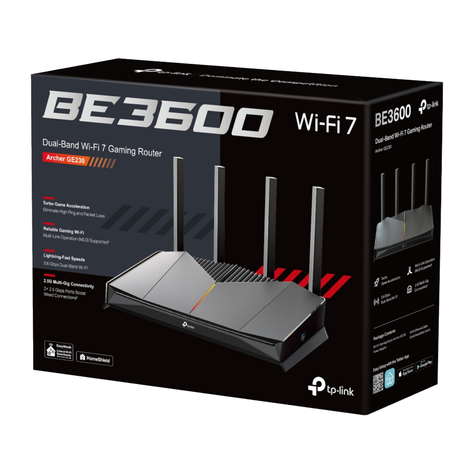 TP-Link BE3600 Wi-Fi 7 dual-band gamingrouterbox visar router, modellnamn och specifikationer som snabba hastigheter och spelboost.