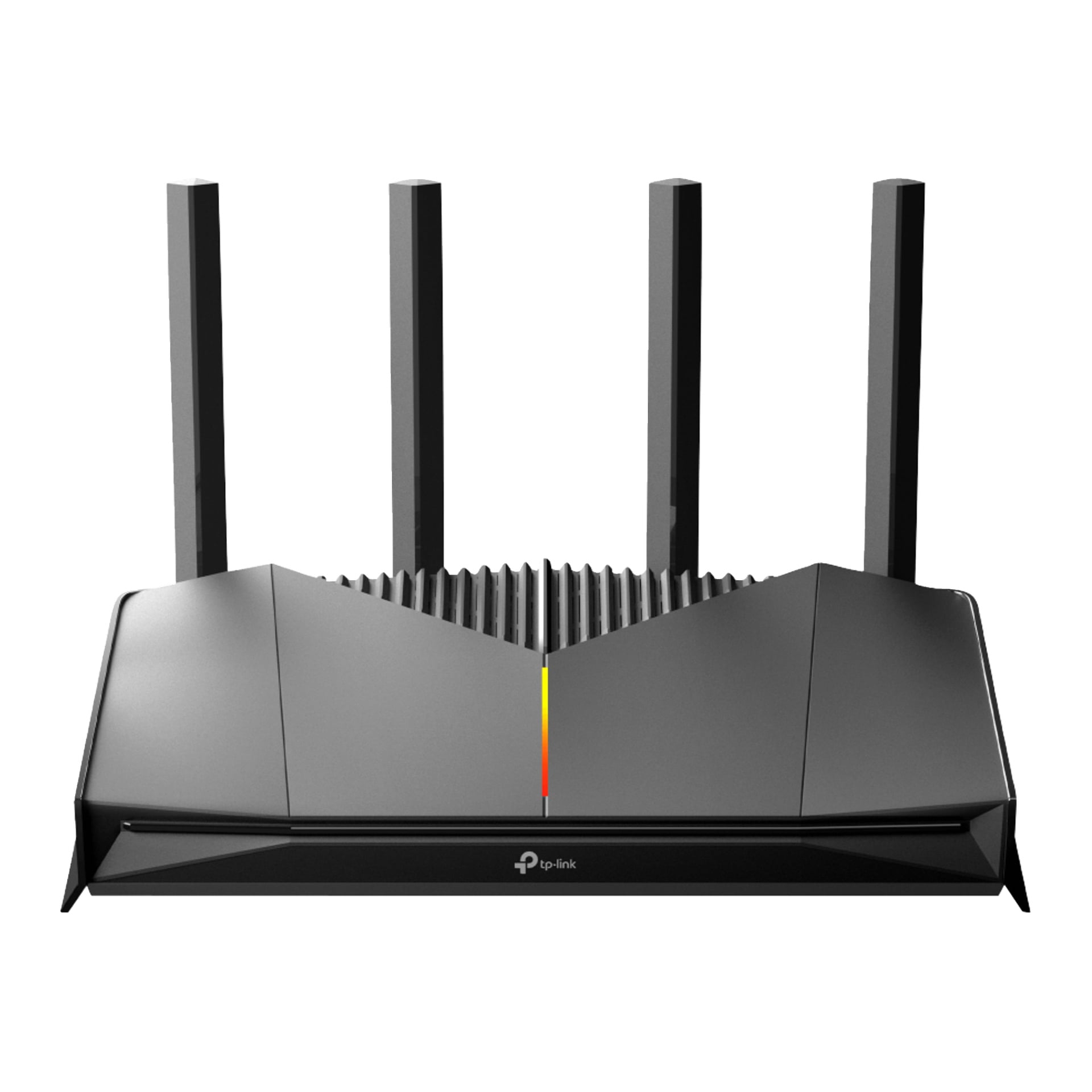 En svart TP-Link Wi-Fi-router med fyra upprättstående antenner, en texturerad topp och en smal LED-remsa över frontpanelen.