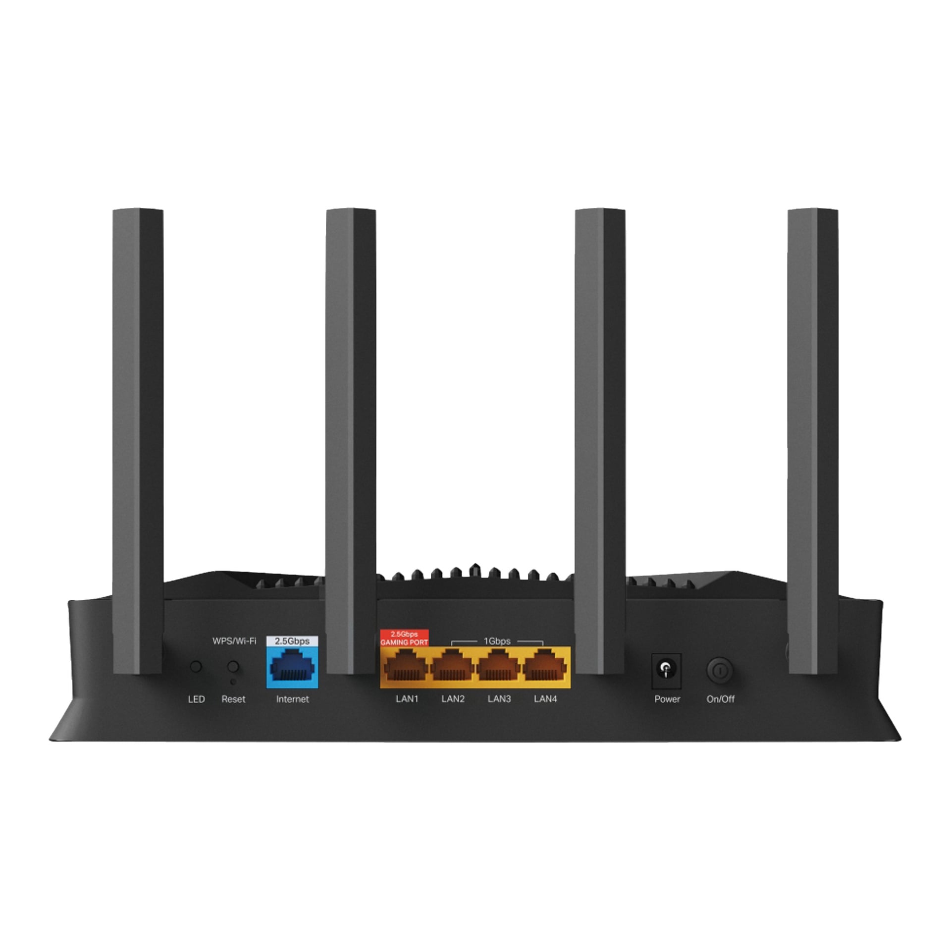 Baksida av en svart trådlös router med fyra antenner, som visar märkta portar: LED, Reset, WPS/Wi-Fi, Internet, LAN, Ström, På/Av.