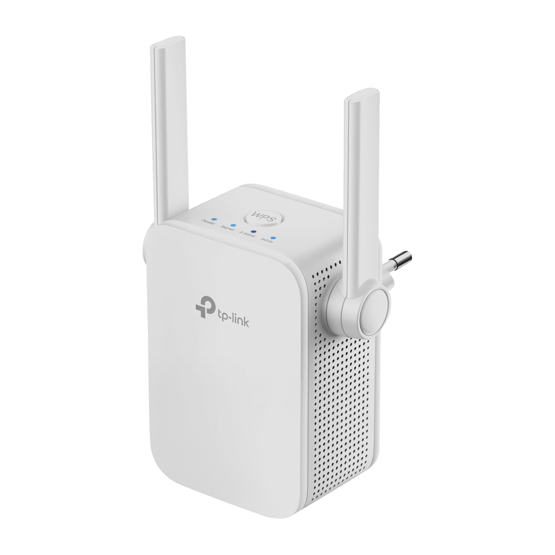 En vit TP-Link Wi-Fi-förlängare med två justerbara antenner, övre indikatorlampor och ett sidoväggsuttag.
