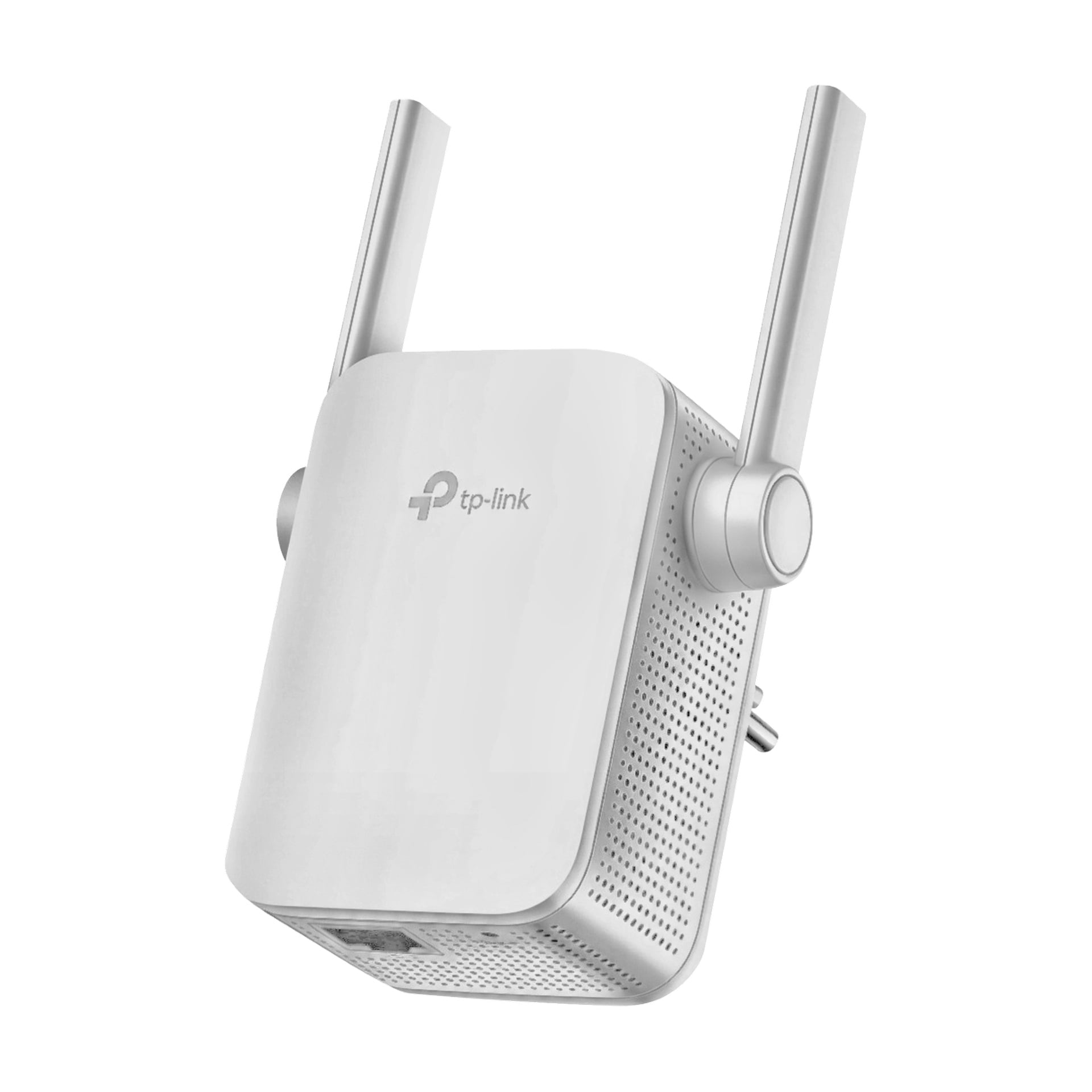 En vit TP-Link Wi-Fi-förlängare med två externa antenner är inkopplad i ett vägguttag, med sidoventiler och kompakt form.