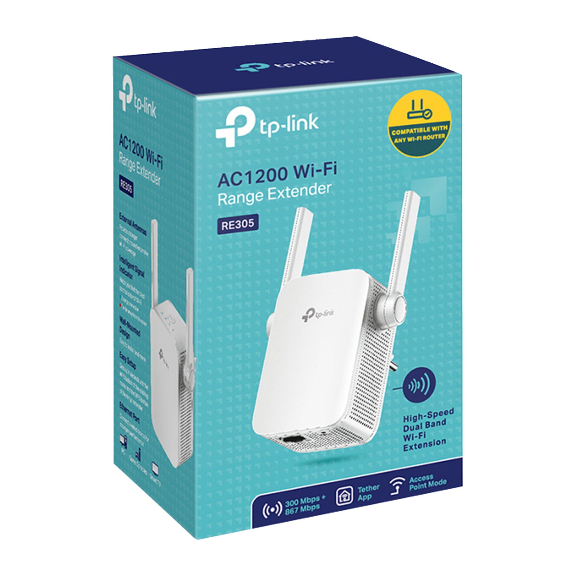 Teal TP-Link AC1200 Wi-Fi Range Extender RE305-box med enheten, viktiga funktioner och universell routerkompatibilitet.