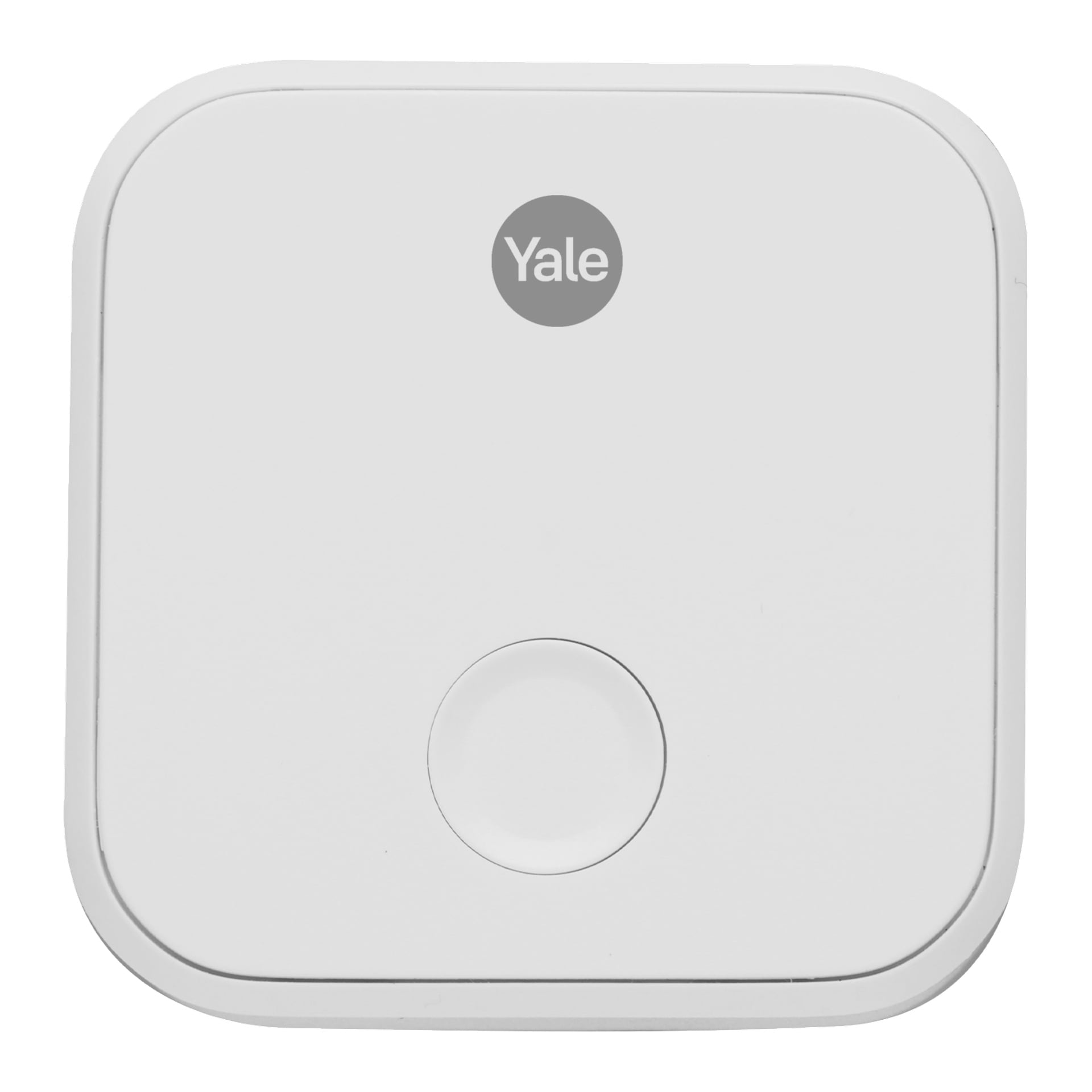 Et hvitt, avrundet, firkantet element med Yale-logoen øverst i midten og et sirkulært inntrykk nær midten nederst.