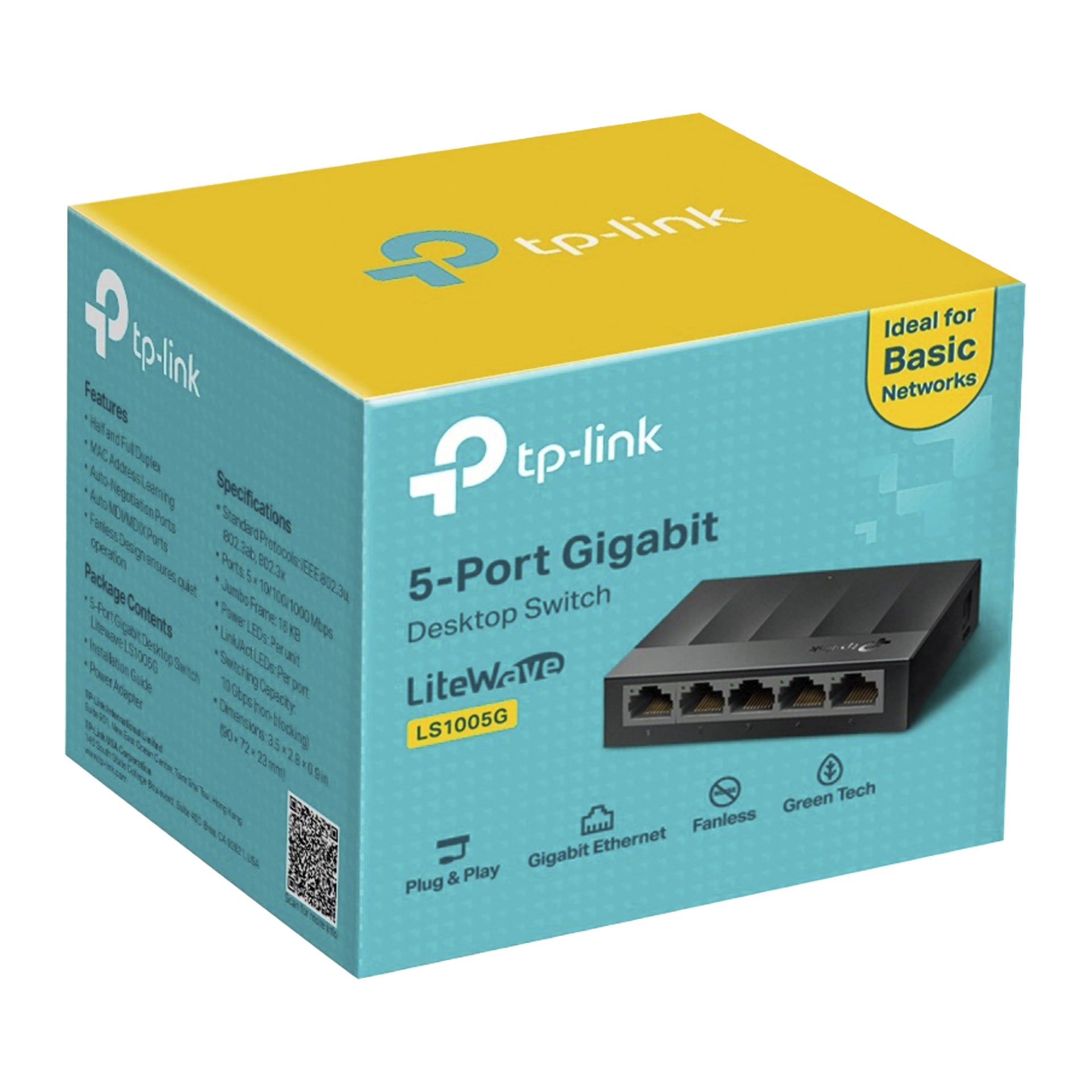 TP-Link 5-portar Gigabit Desktop Switch LS1005G låda med produktfoto, specifikationer och ikoner för plug and play, gigabit, fläktlös, grön teknik.