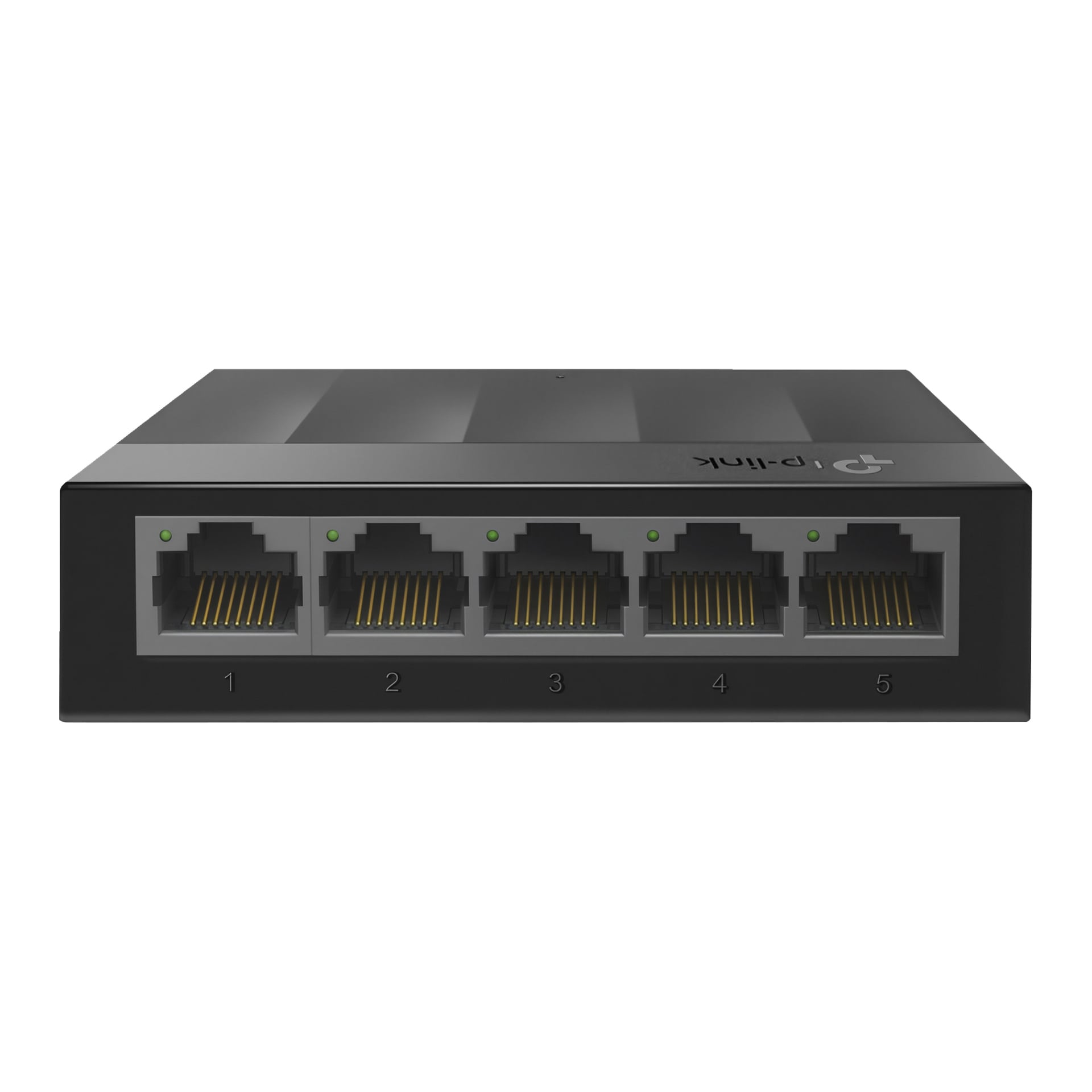 En svart TP-Link-switch med fem märkta Ethernet-portar med guldkontakter och små gröna lampor ovanför varje port.