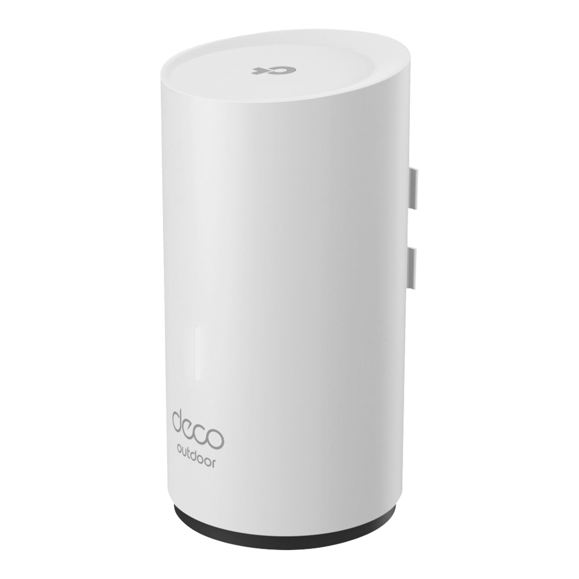 En slank vit cylinder med ett platt tak, "deco outdoor" tryckt nära basen och två sidofästen.