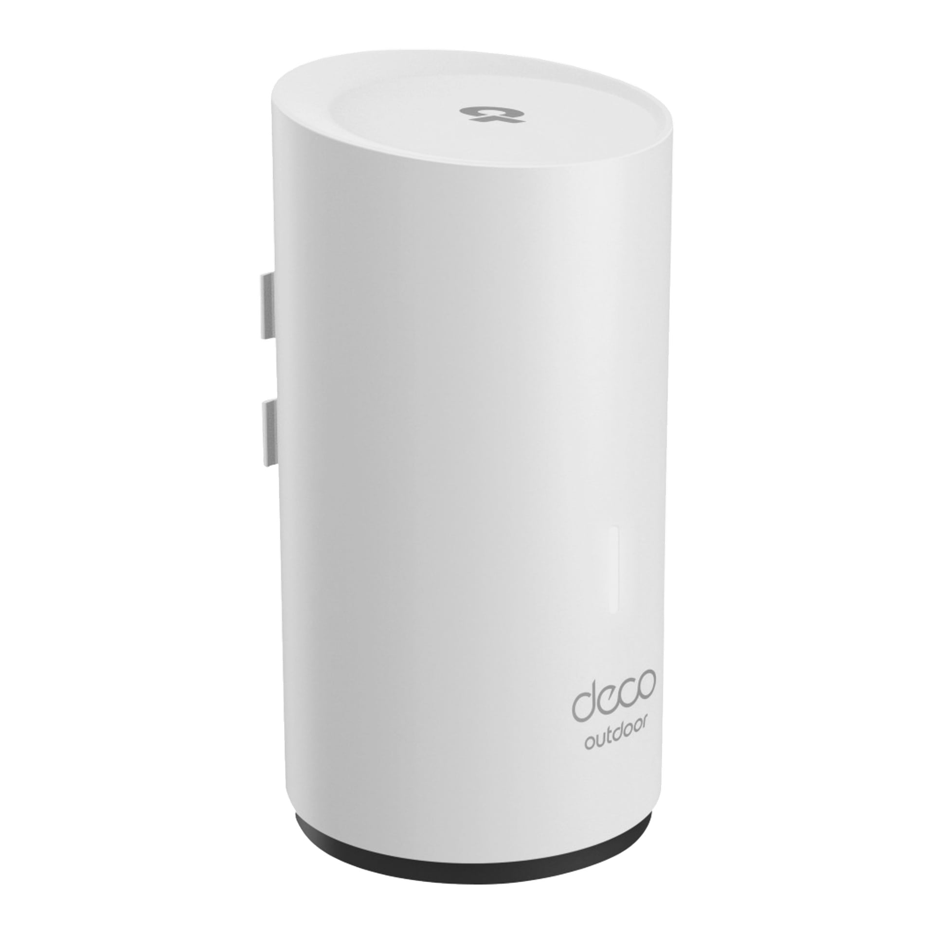En vit cylindrisk anordning med platt topp, "Deco utomhus" nära basen och TP-Link-logotyp på toppen; Troligen en trådlös router.