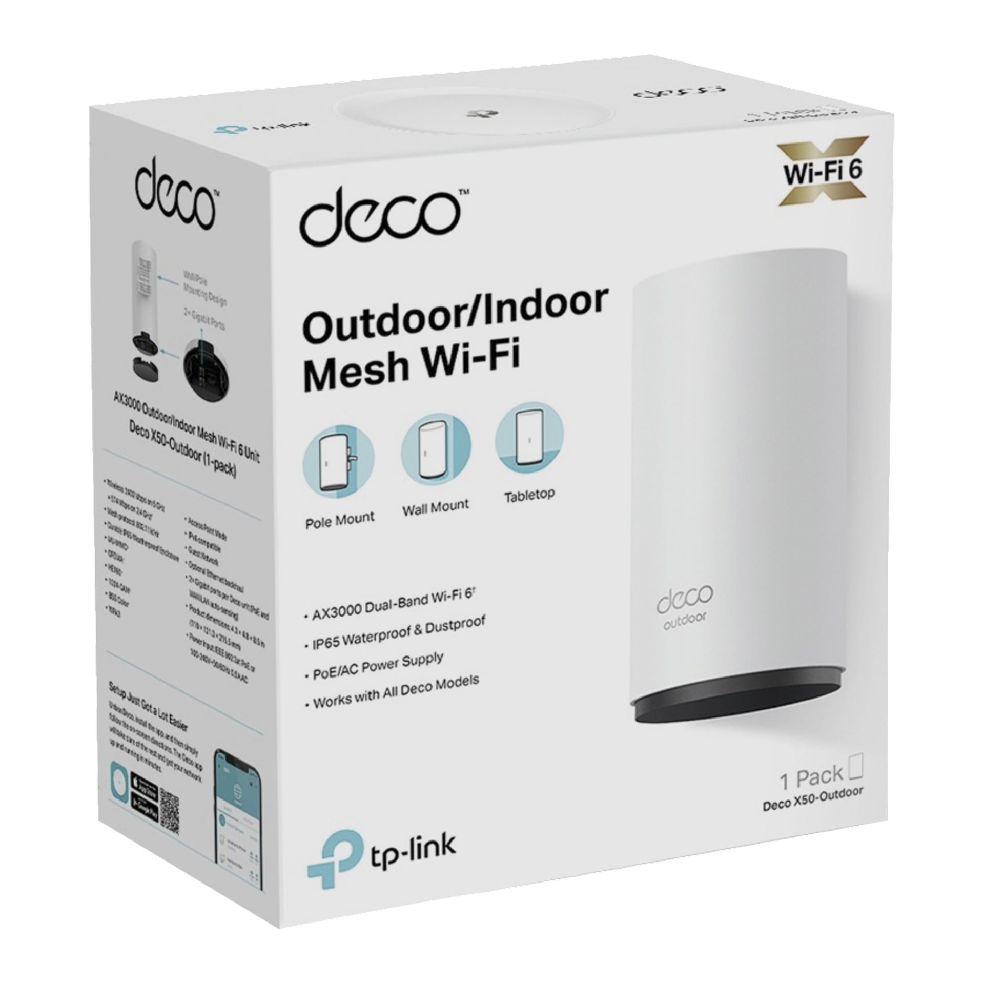 Detaljhandelsförpackningen för TP-Link Deco X50-Outdoor Mesh Wi-Fi visar produkten, lyfter fram funktioner och visar varumärkesdetaljer.