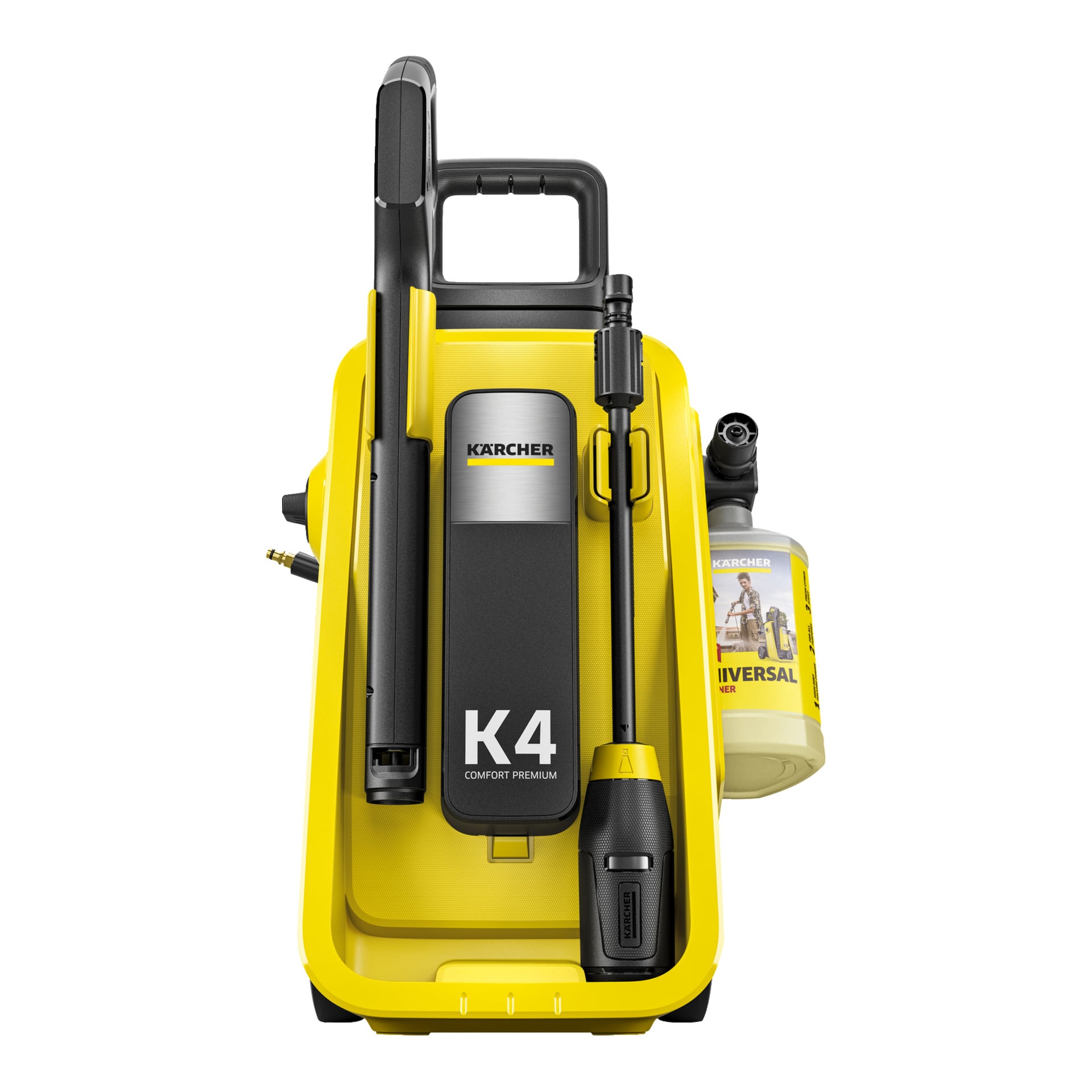 Gul och svart Kärcher K4 Comfort Premium högtryckstvätt, framifrån, med spraypistol, lans, slang och tvättmedelsflaska fäst.