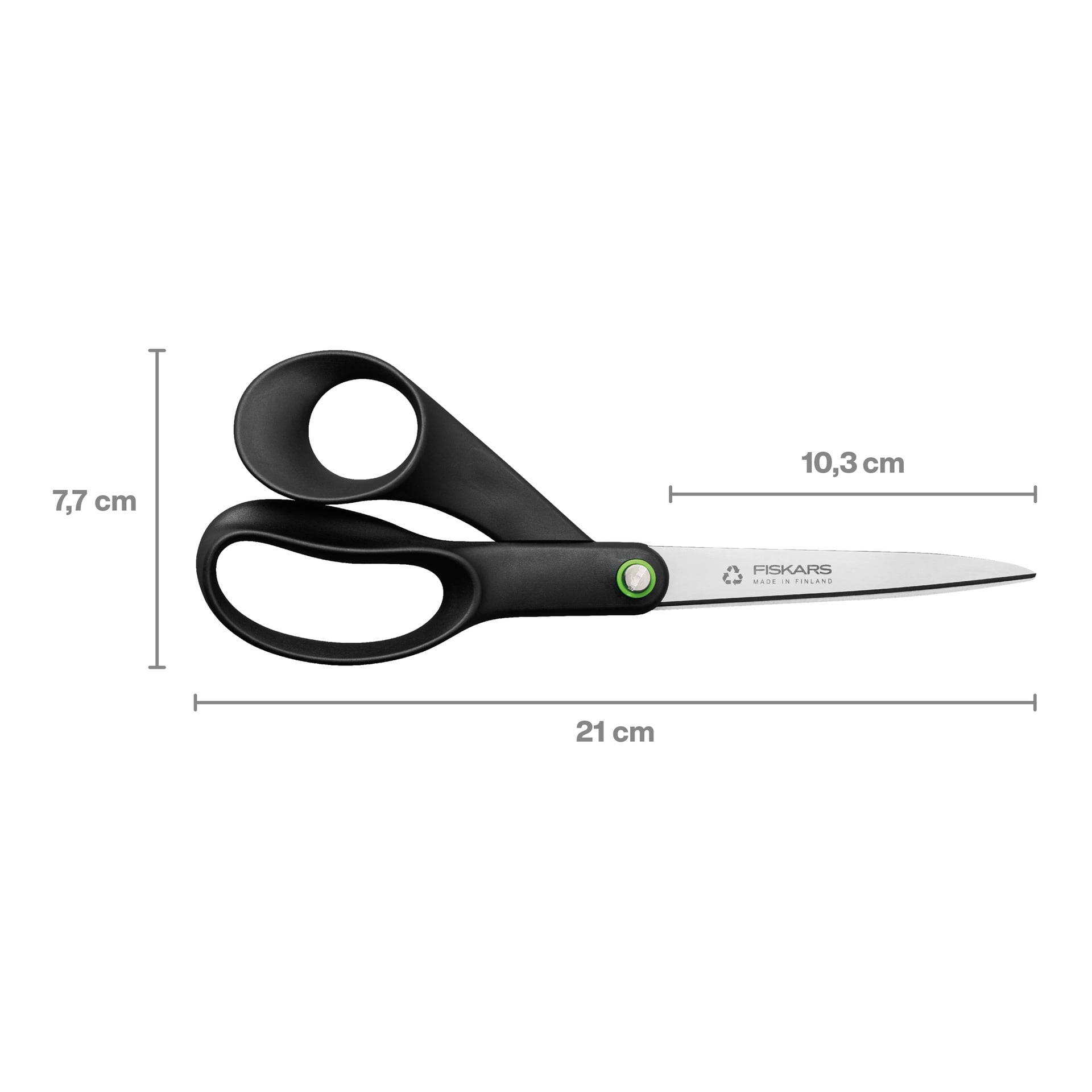 Svart Fiskars-sax, 7,7 cm hög med ett blad på 10,3 cm och total längd på 21 cm; Ergonomiska handtag, metallisk bladfinish.