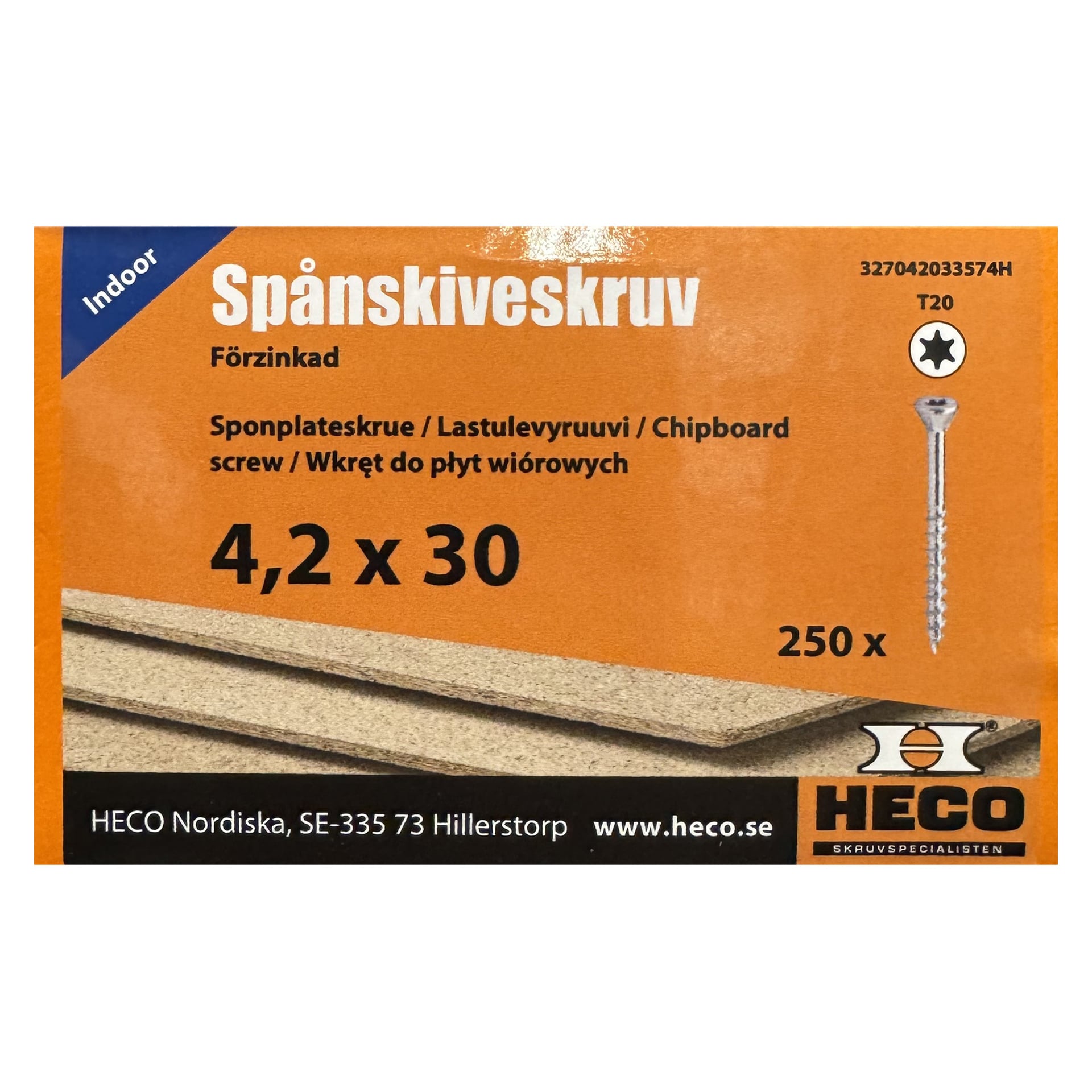 Etikett för HECO-chipboardskruvar, 4,2 x 30 mm, zinkfinish, paket med 250. Visar en skruvbild plus företagskontaktinformation.