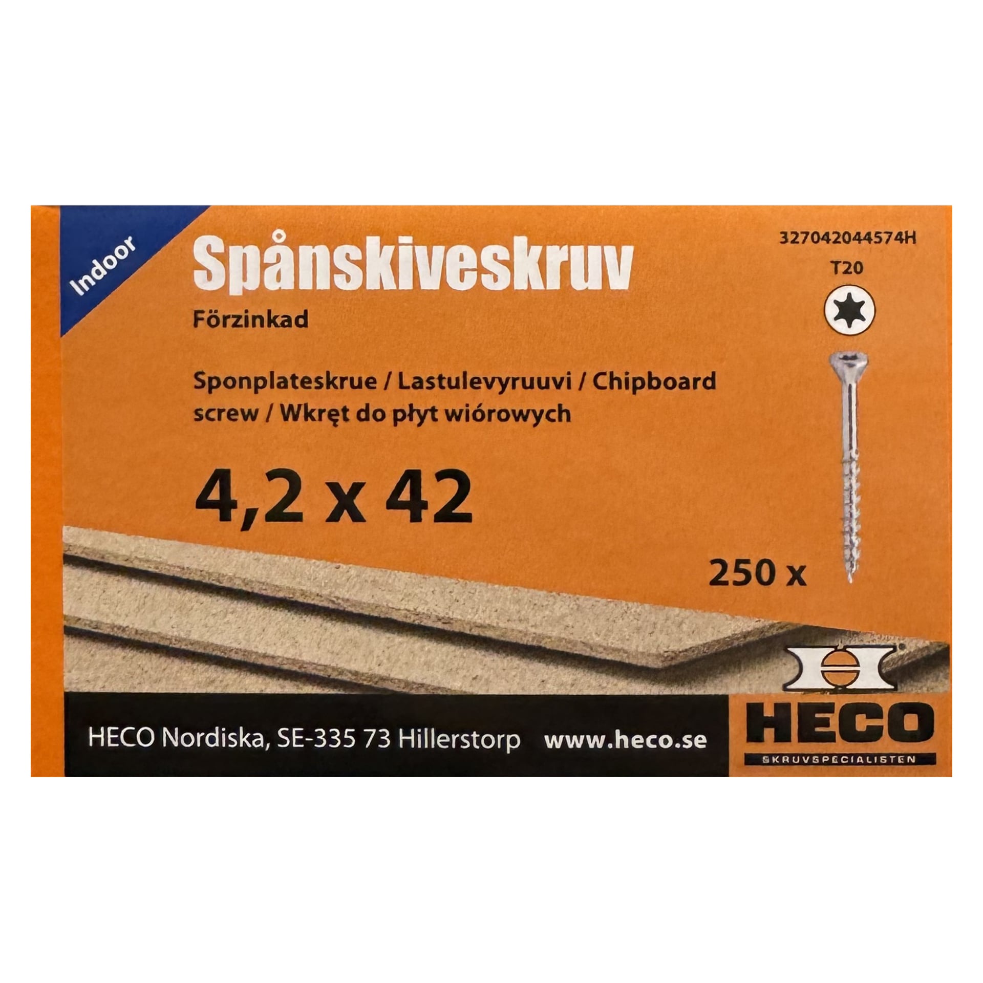 HECO chipboardskruvar, 4,2x42 mm, zinkbelagd, T20-huvud, 250-pack. Visar skruvar med spånskiva och företagsinformation längst ner.