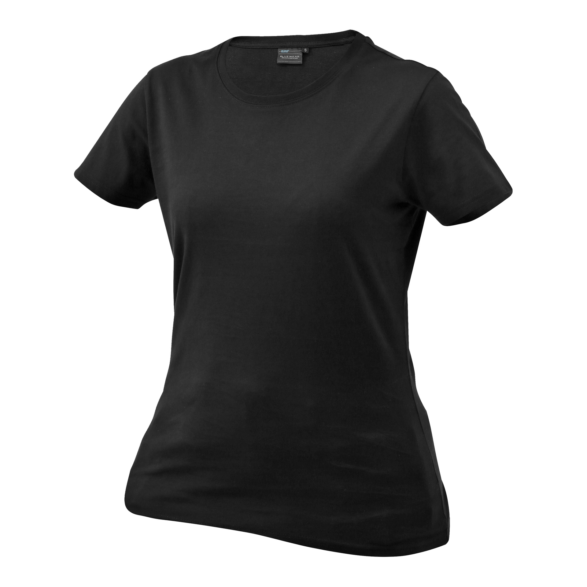 En enkel svart t-shirt med rund hals för kvinnor och kortärmat.