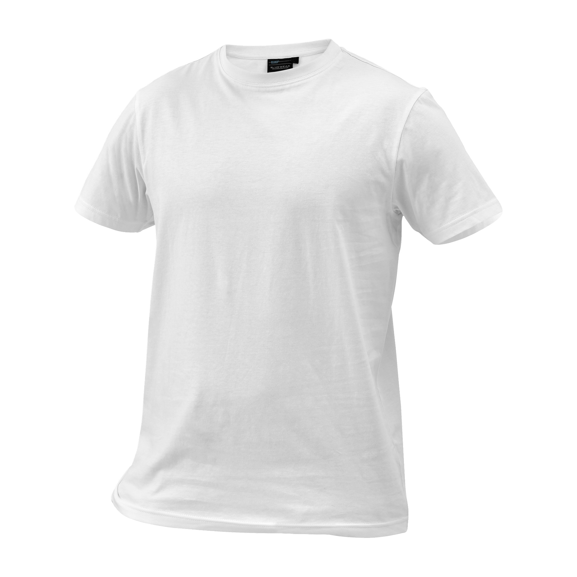 En enkel vit kortärmad t-shirt med rund hals och utan mönster, logotyper eller mönster visas.