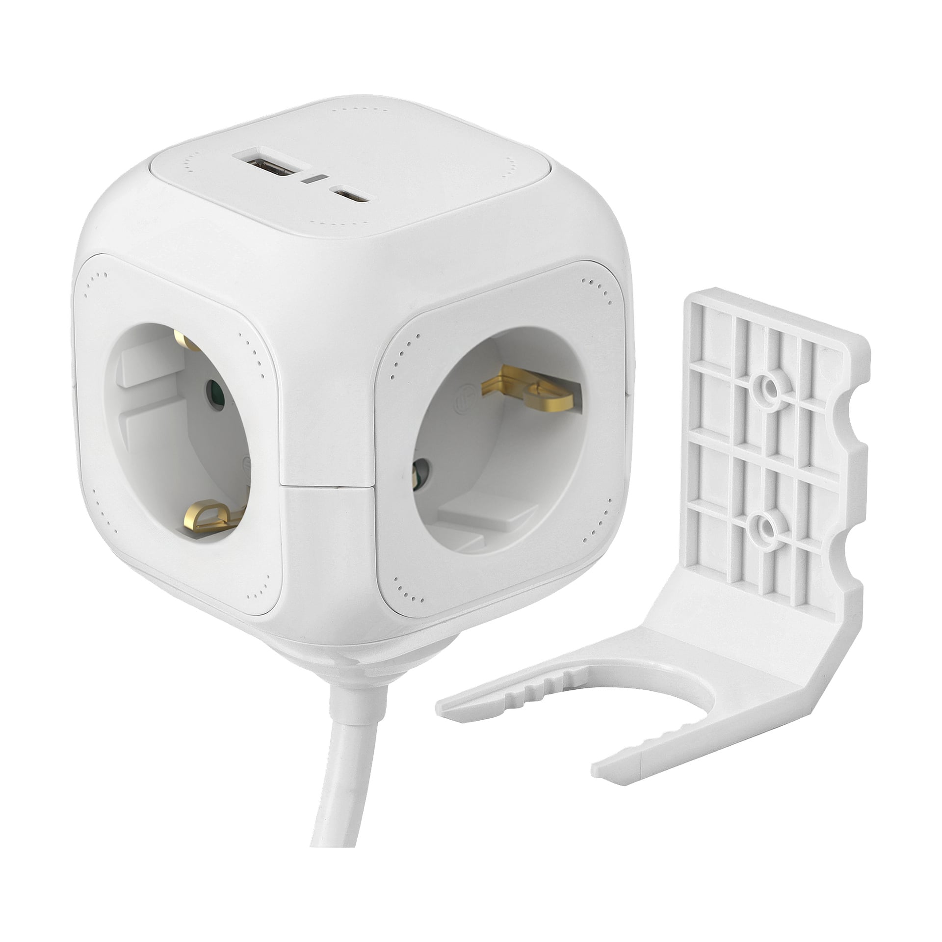 Weißer Würfel-förmiger Steckdosenleiste mit mehreren Steckdosen, USB-Anschlüssen oben und einer separaten Montagehalterung daneben.