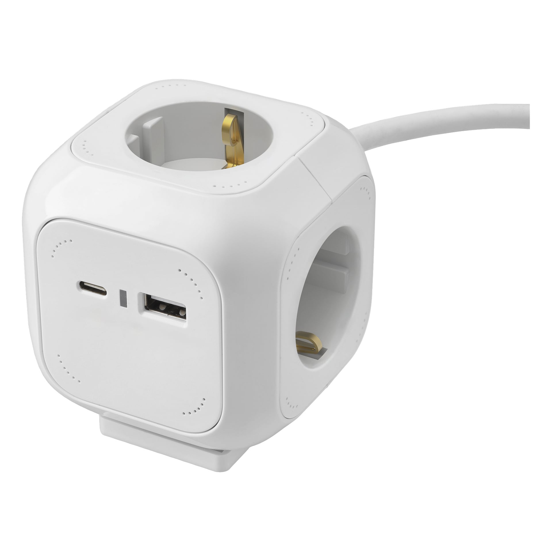 Eine würfelförmige weiße Steckdosenleiste mit mehreren Steckdosen, einem USB-A-Anschluss, einem USB-C-Anschluss und einem Kabel, das von einer Seite herausragt.