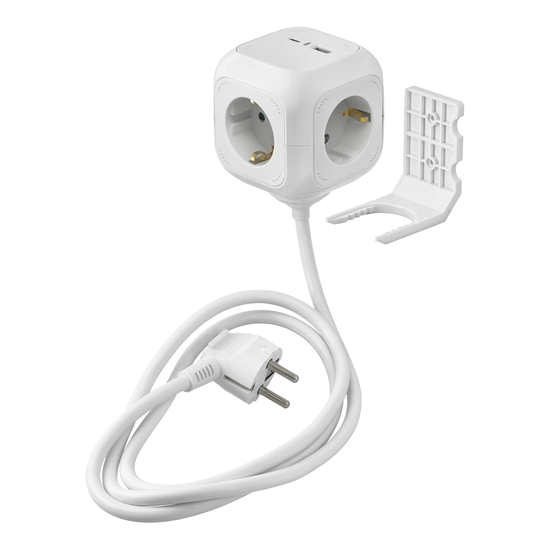 Würfelförmige weiße Steckdosenleiste mit vier Steckdosen, zwei USB-Anschlüssen oberhalb, einem europäischen Steckkabel und einer separaten Montagehalterung.
