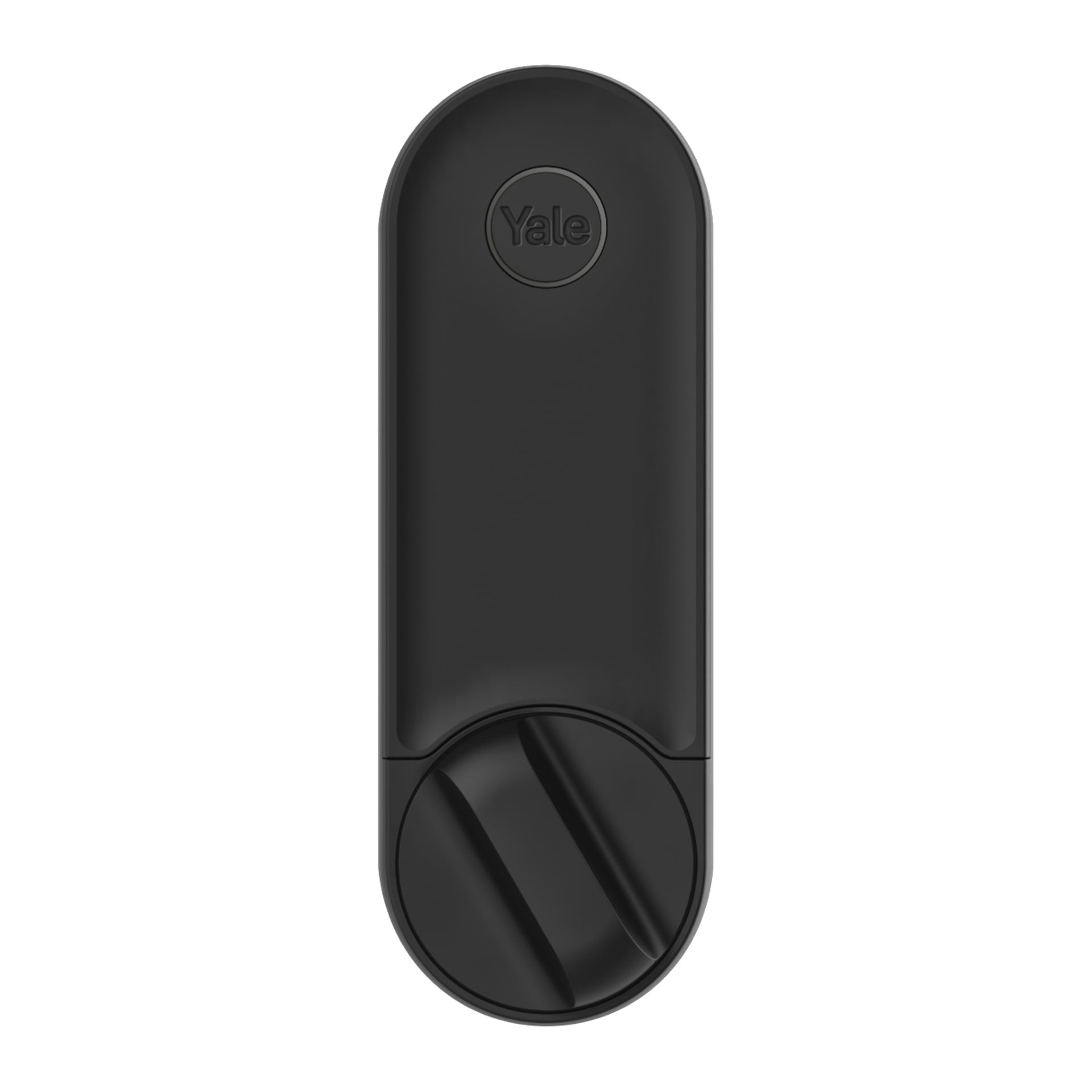 En svart Yale smartlås med avrundet topp og roterende knott nederst, sett forfra. Yale-logoen er nær toppen.