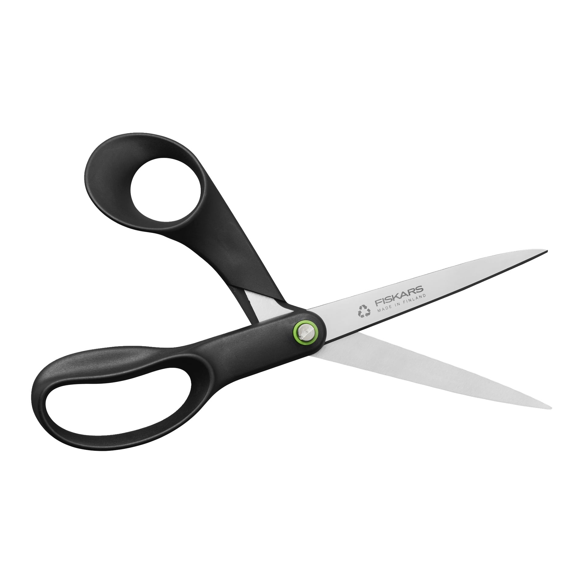 Fiskars-sax med svart handtag och rostfria stålblad, öppna och liggande platt.