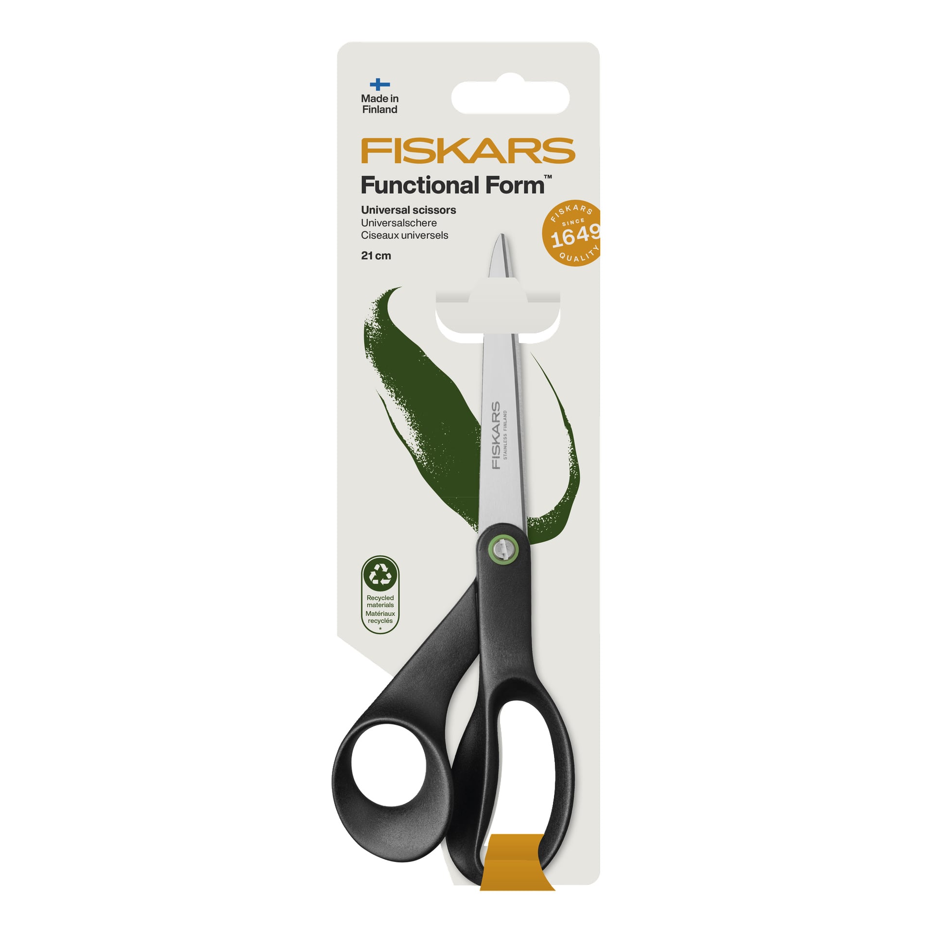 Fiskars Functional Form universalsax i svart och silver, i originalförpackning med gröna detaljer och 21 cm längd visad.