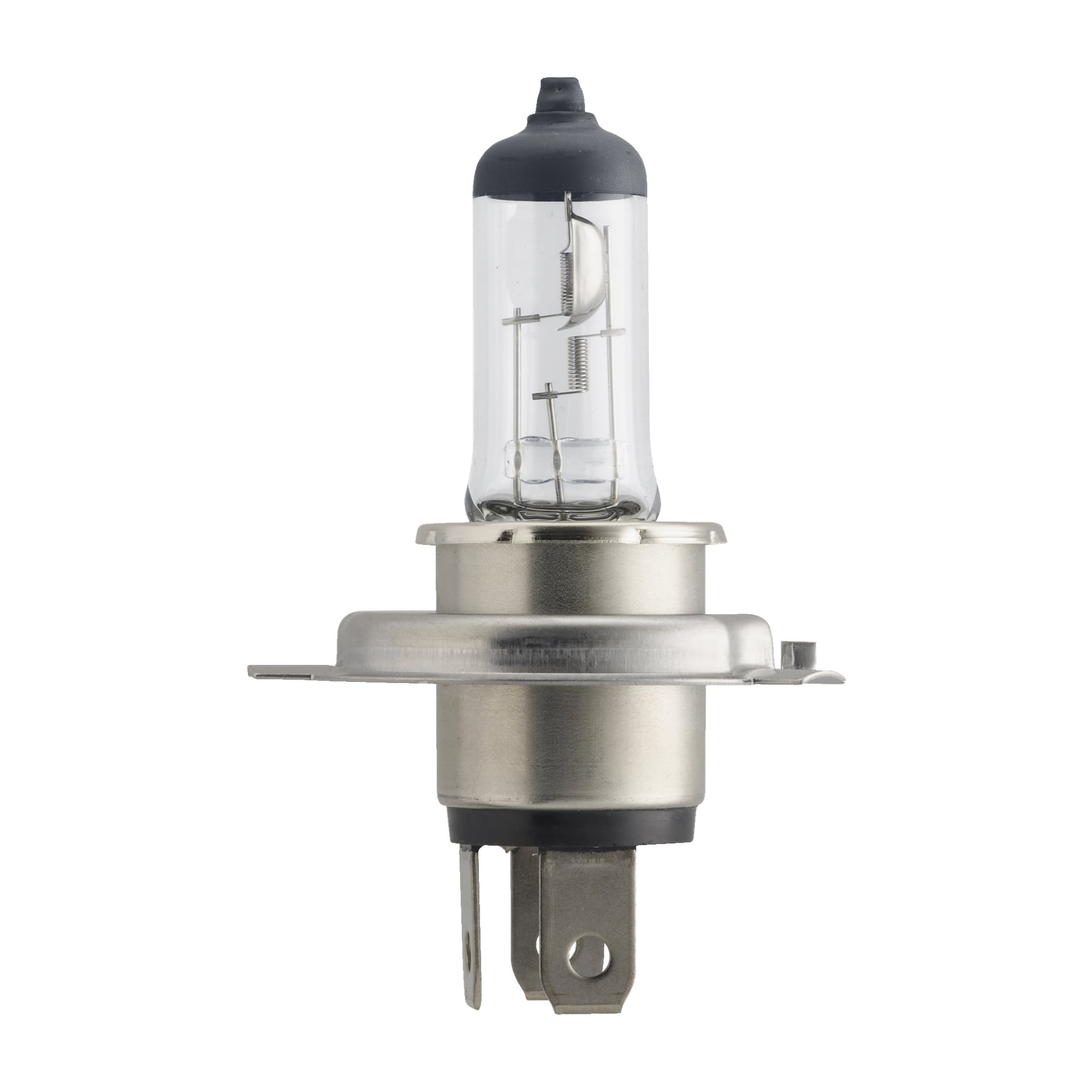 En närbild på en enda Philips Vision halogenlampa, som visar dess glashölje, metallbotten och två elektriska stift längst ner.