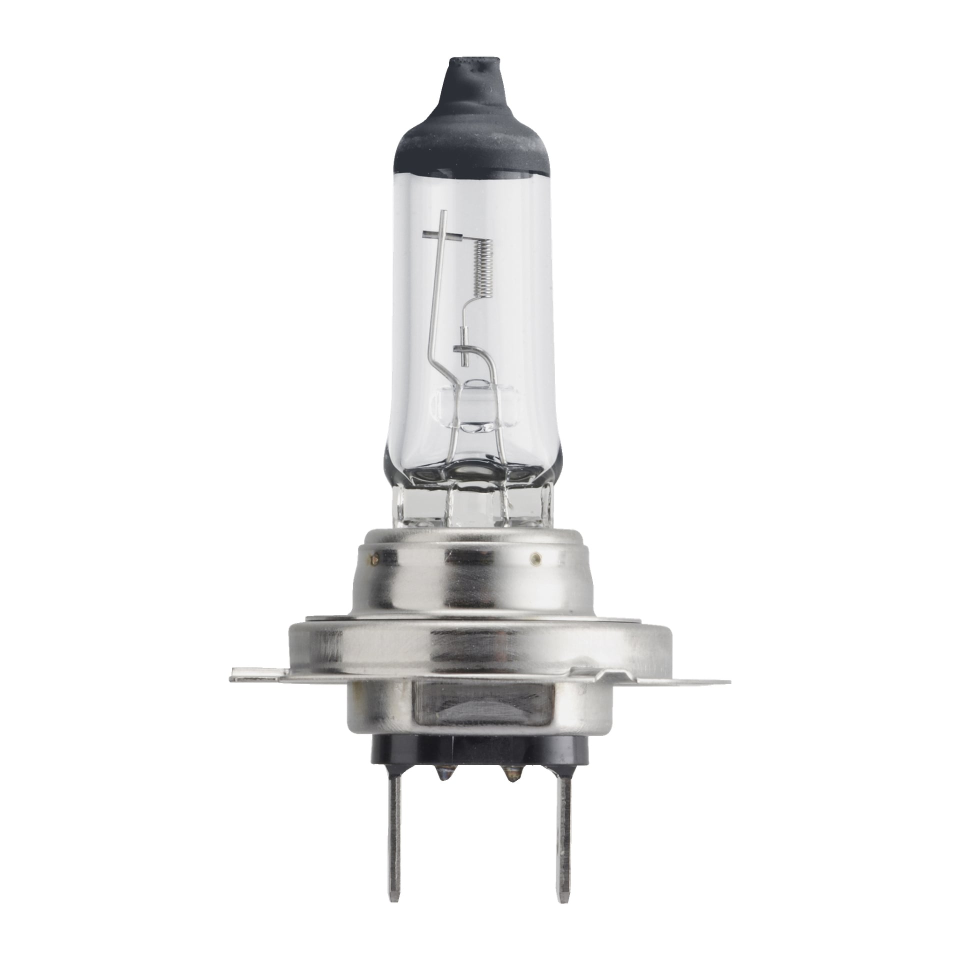 Żarówka Philips Halogen Vision z przezroczystą szklaną obudową, odsłoniętym filamentem, metalową podstawą i dwoma bolcami.