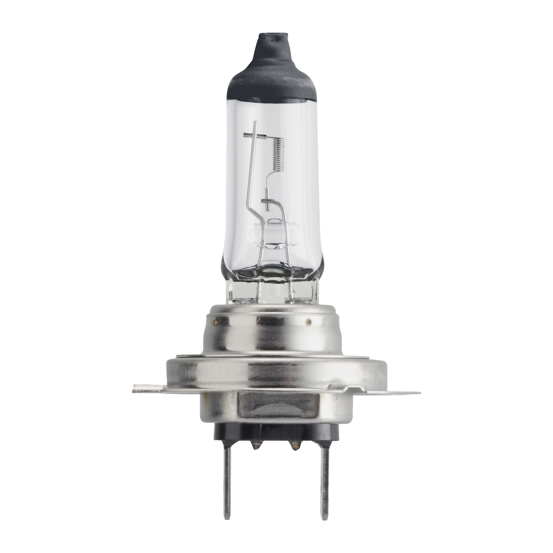 En Philips Halogen Vision-pære med klart glass, eksponert glødetråd, metallbunn og to pinner.